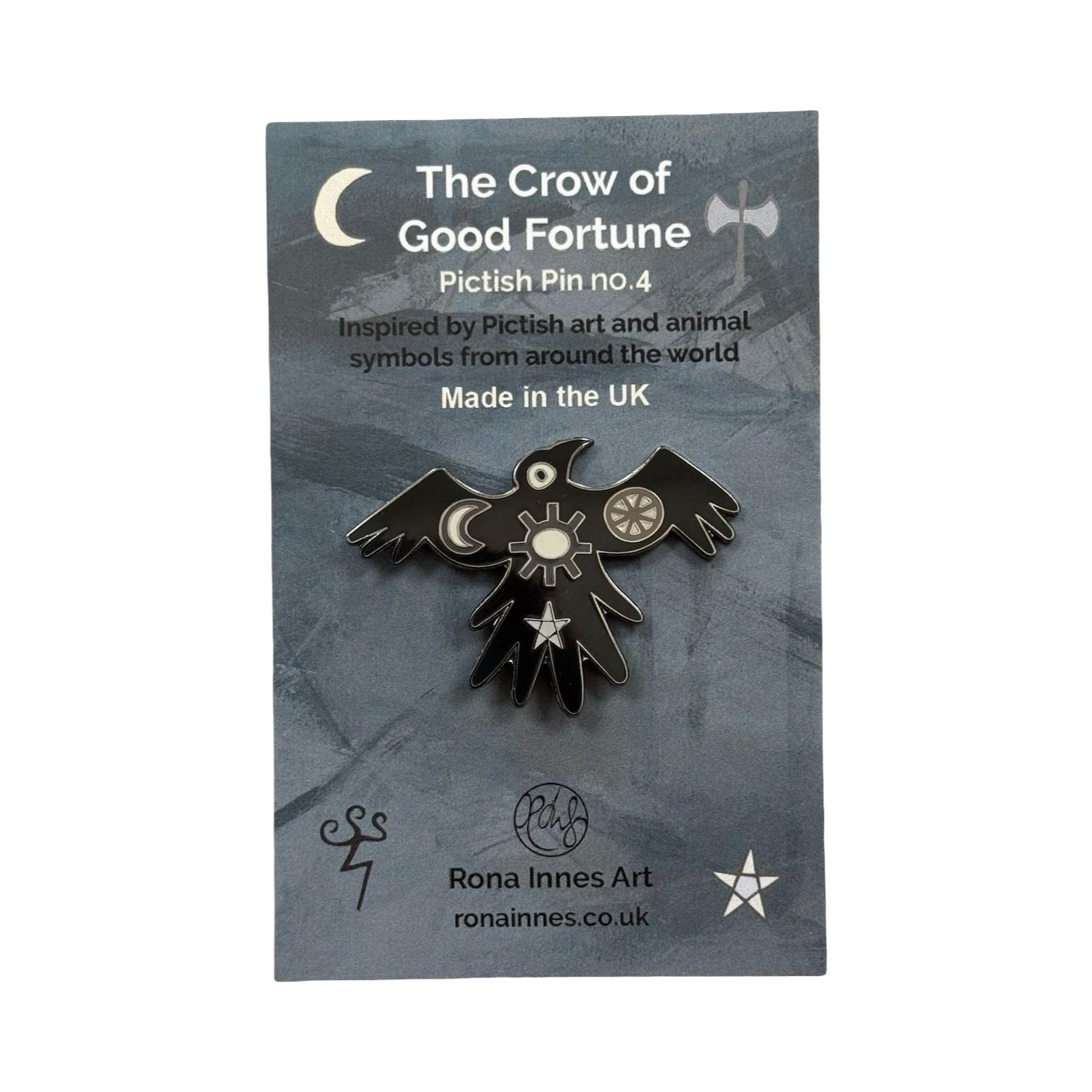 A crow-shaped enamel pin badge inspired by Pictish Symbol Stone. Each pin badge features a sun, a moon and a star. 