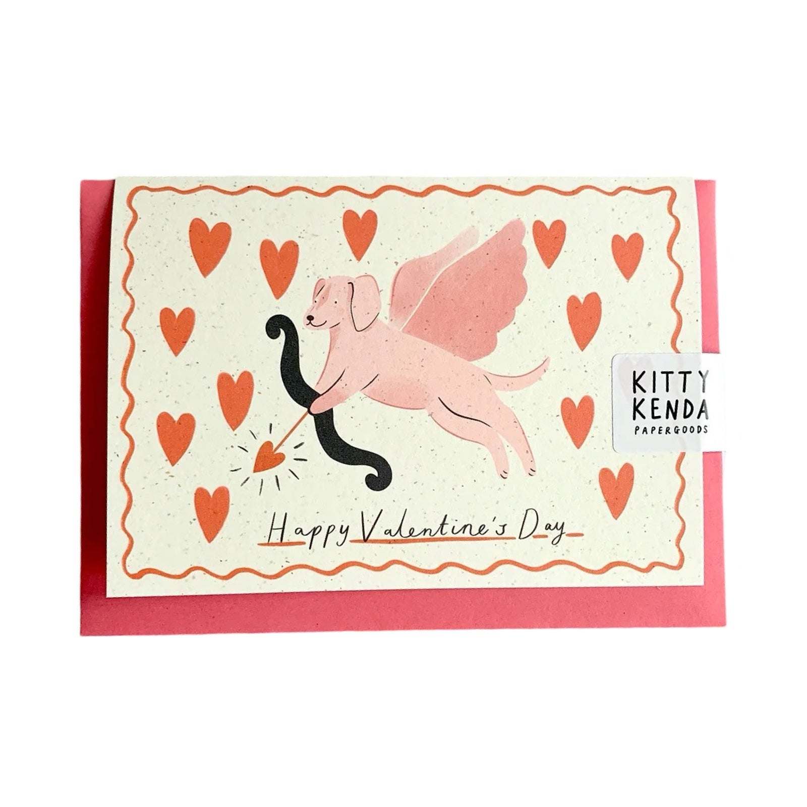 Valentine's card featuring an adorable flying red puppy firing cupids bow, surrounded by love hearts and the text 'Happy Valentine's Day' underneath.