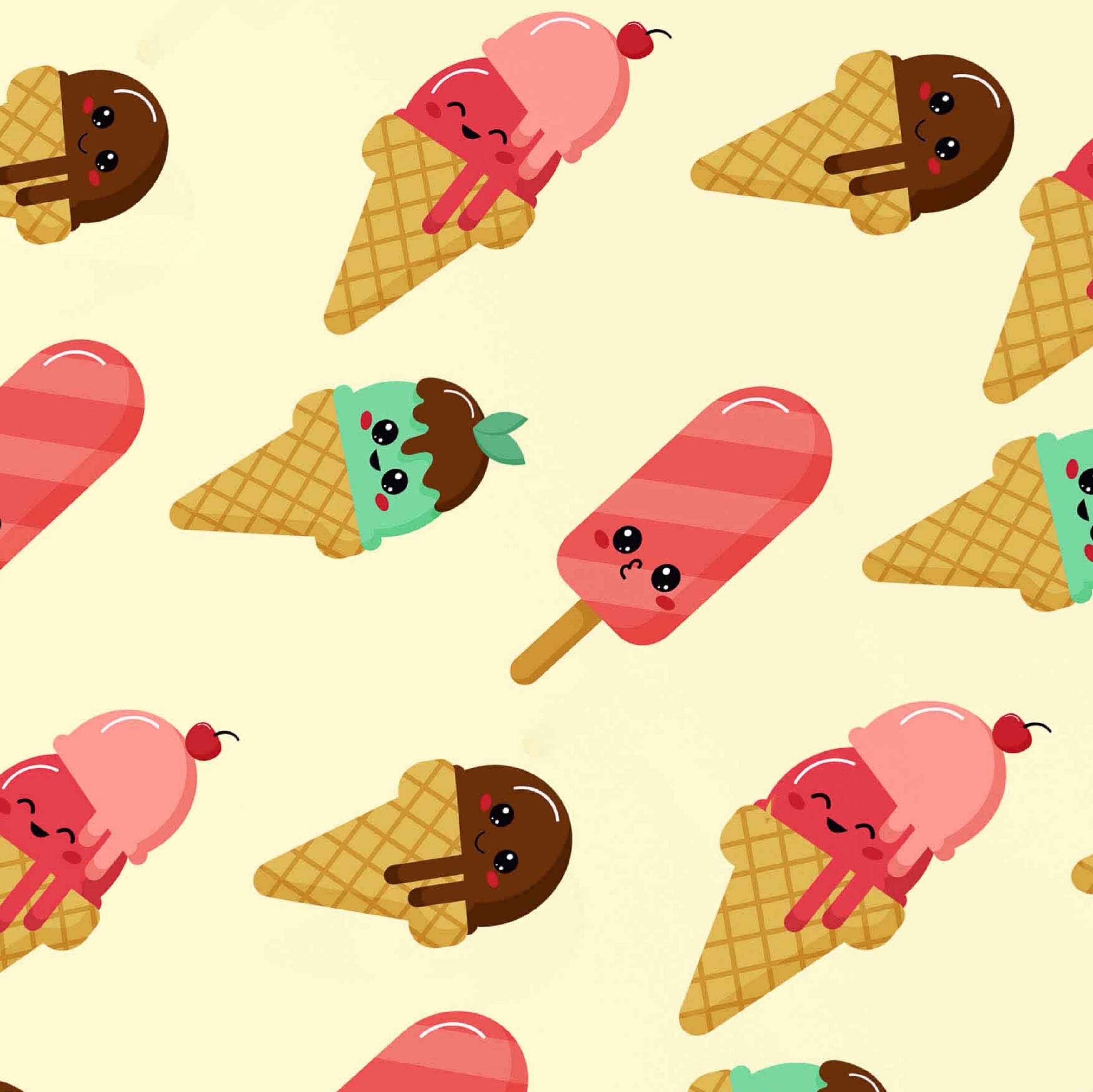 A sheet of wrapping paper with a pattern of cute ice cream cones, popsicles, and cherries.