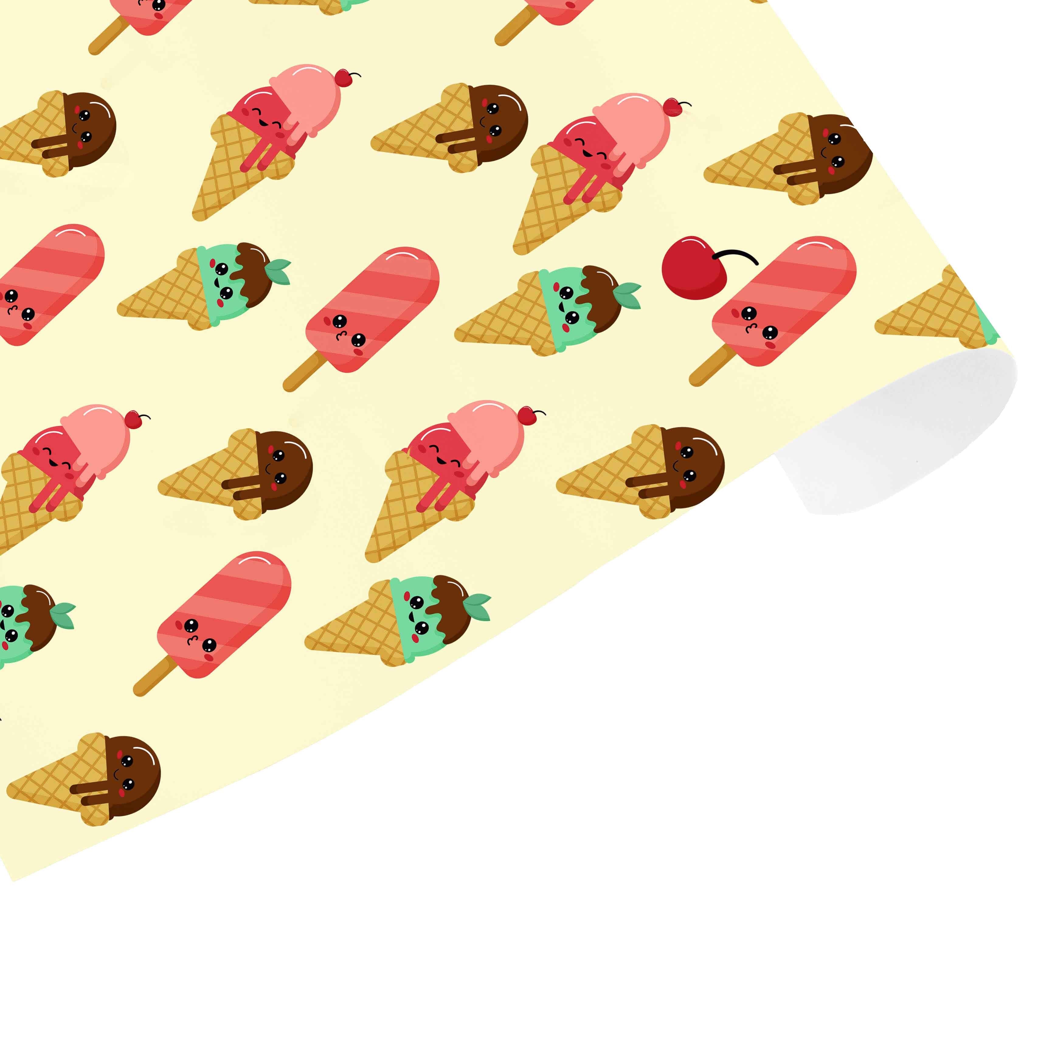 A sheet of wrapping paper with a pattern of cute ice cream cones, popsicles, and cherries.