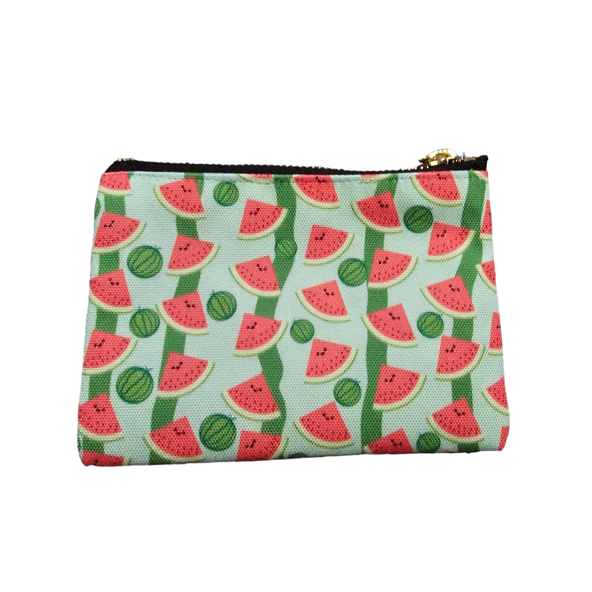 A polyester canvas zipper pouch with a watermelon print design, featuring a metal zipper.