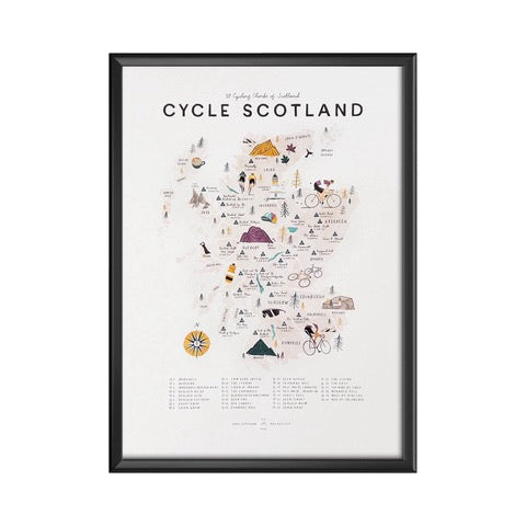 Print of Scotland featuring well-known landmarks such as Ben Nevis and 30 highlighted cycling climbing spots.