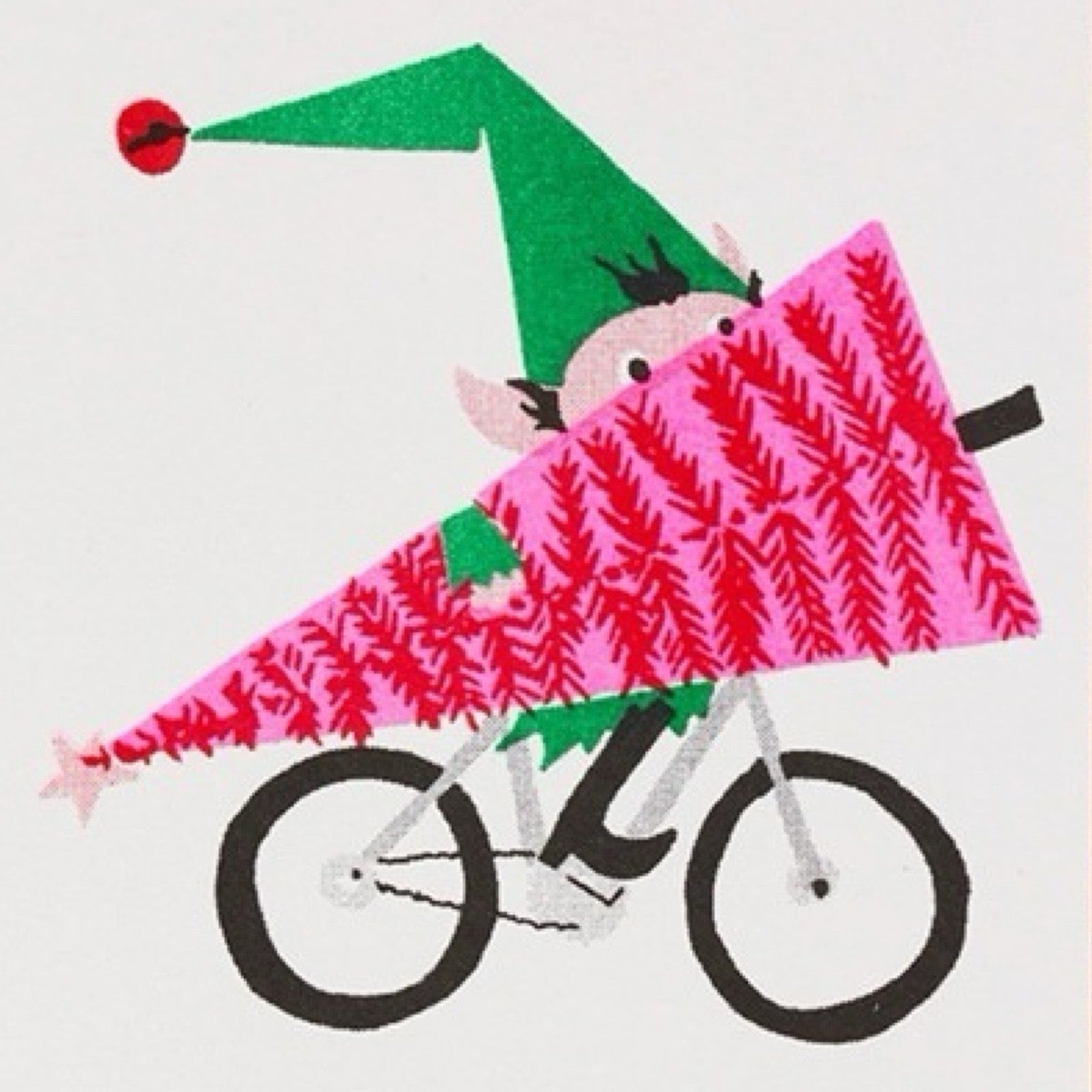 Christmas card featuring an elf cycling holding a large pink and red Christmas tree.
