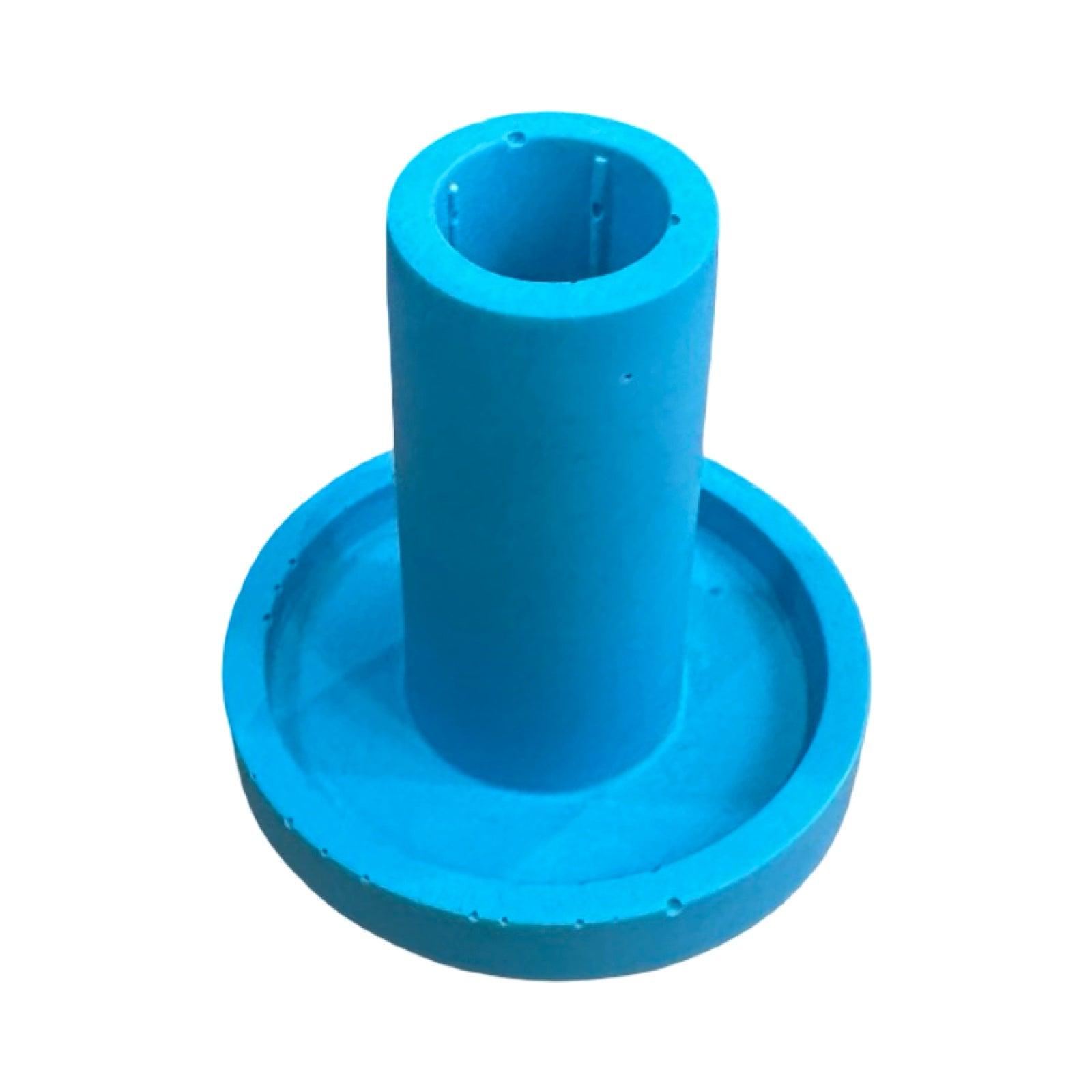 A turquoise cylindrical dinner candle holder with a lip around the bottom to catch any drips.