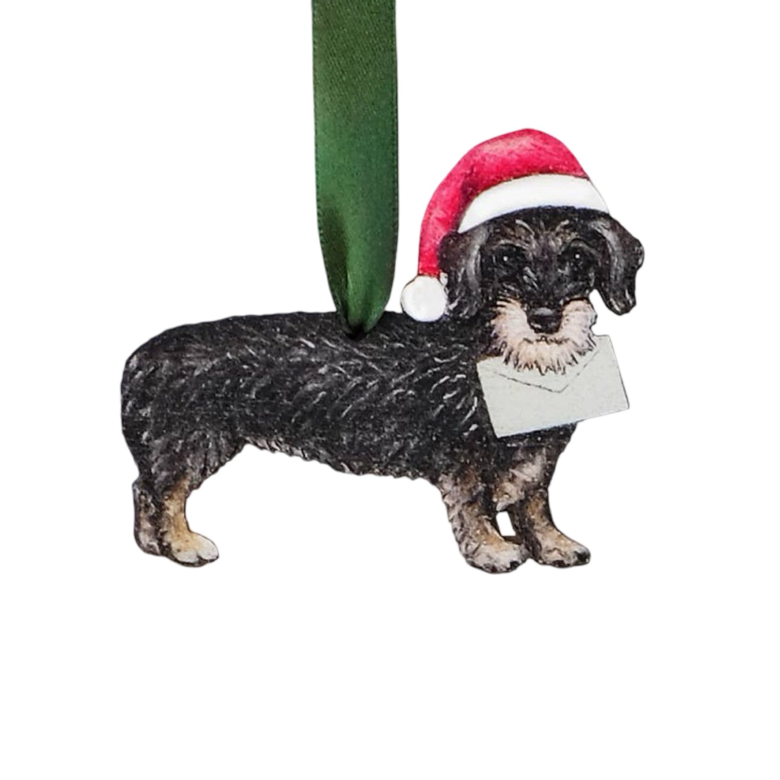 Wooden Christmas decoration of a black dachshund. 