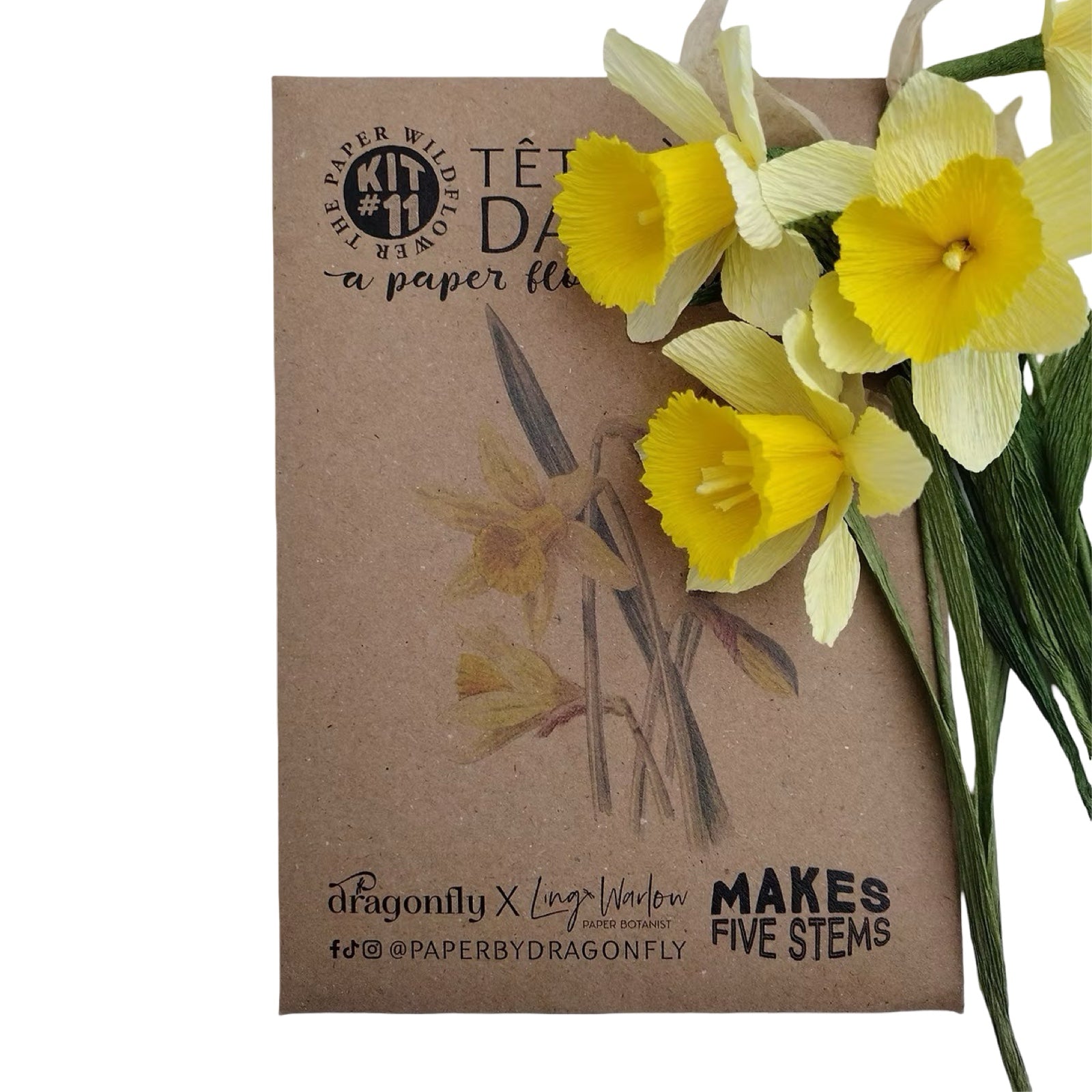 Bouquet of yellow daffodils with a brown paper bag featuring floral illustrations and branding.