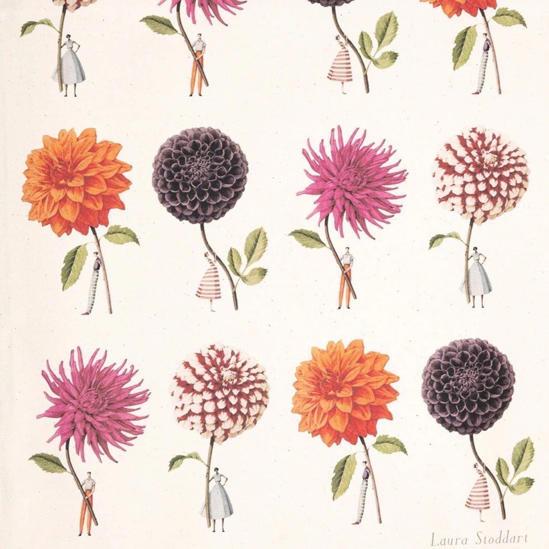 Pattern of flowers with small figures holding them on a light background.