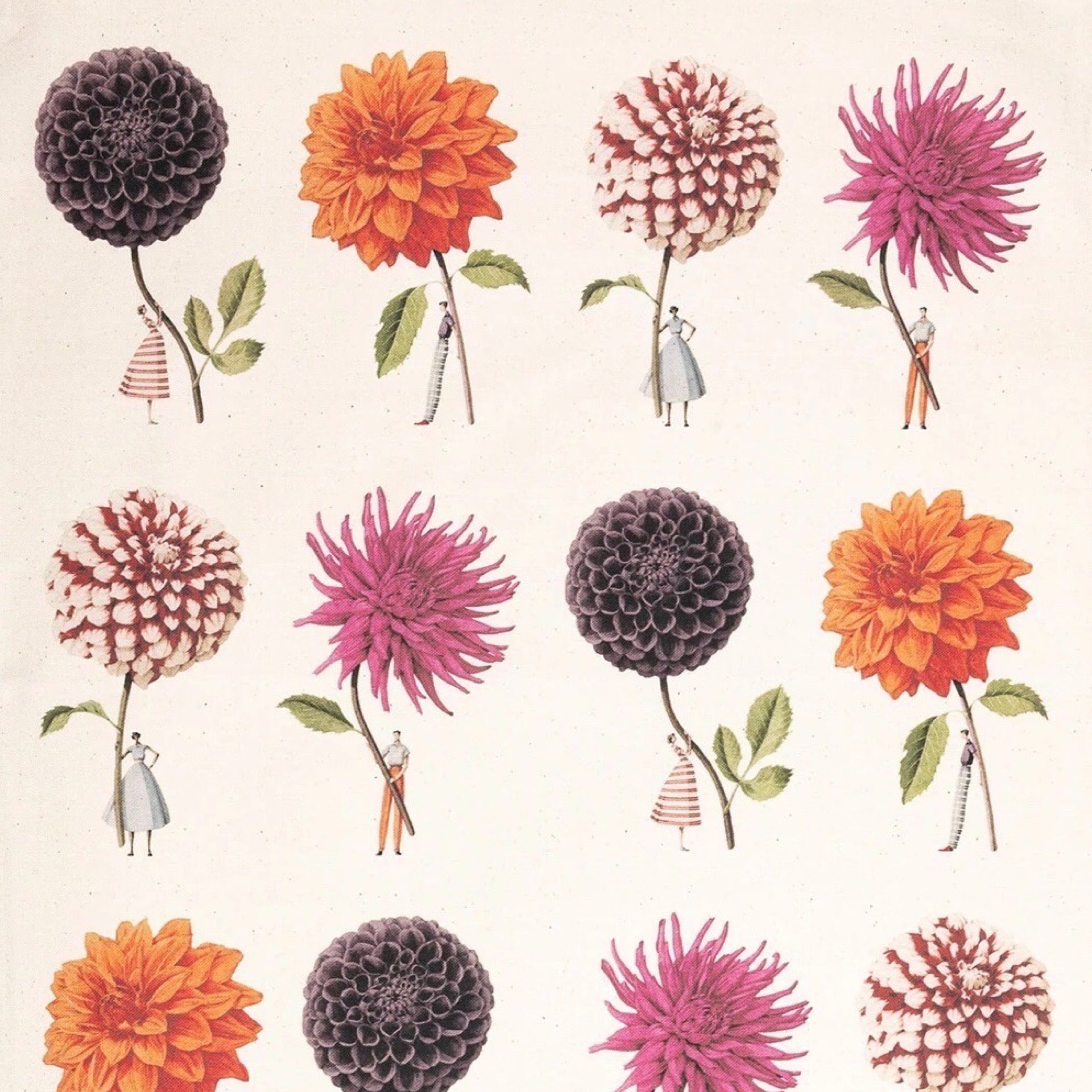 Illustrations of flowers held by small figures on a beige background.