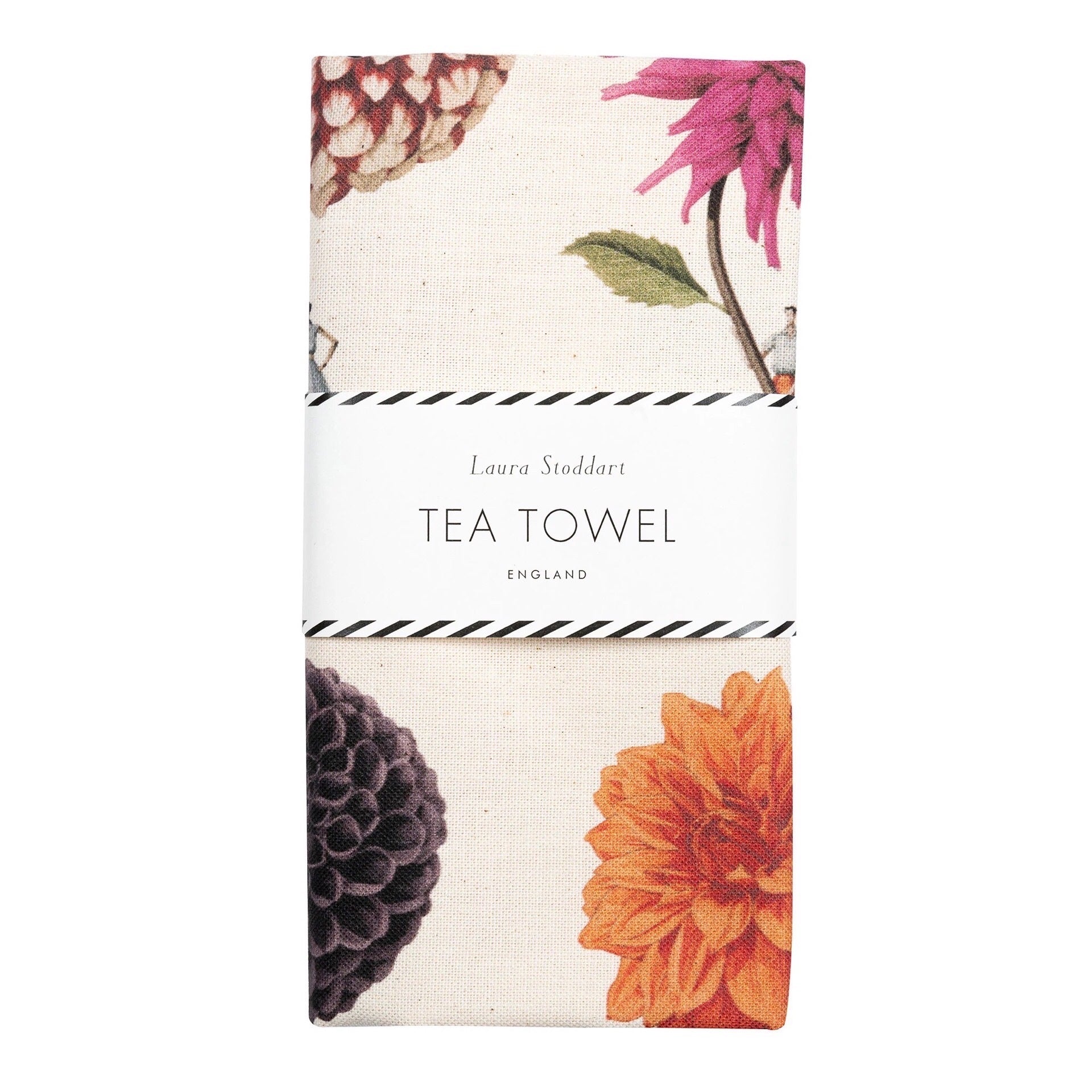 Wrapped tea towel featuring an illustration of giant purple dahlias, pink dahlias, orange dahlias and red dahlias, all being held by elegant ladies and gentlemen.