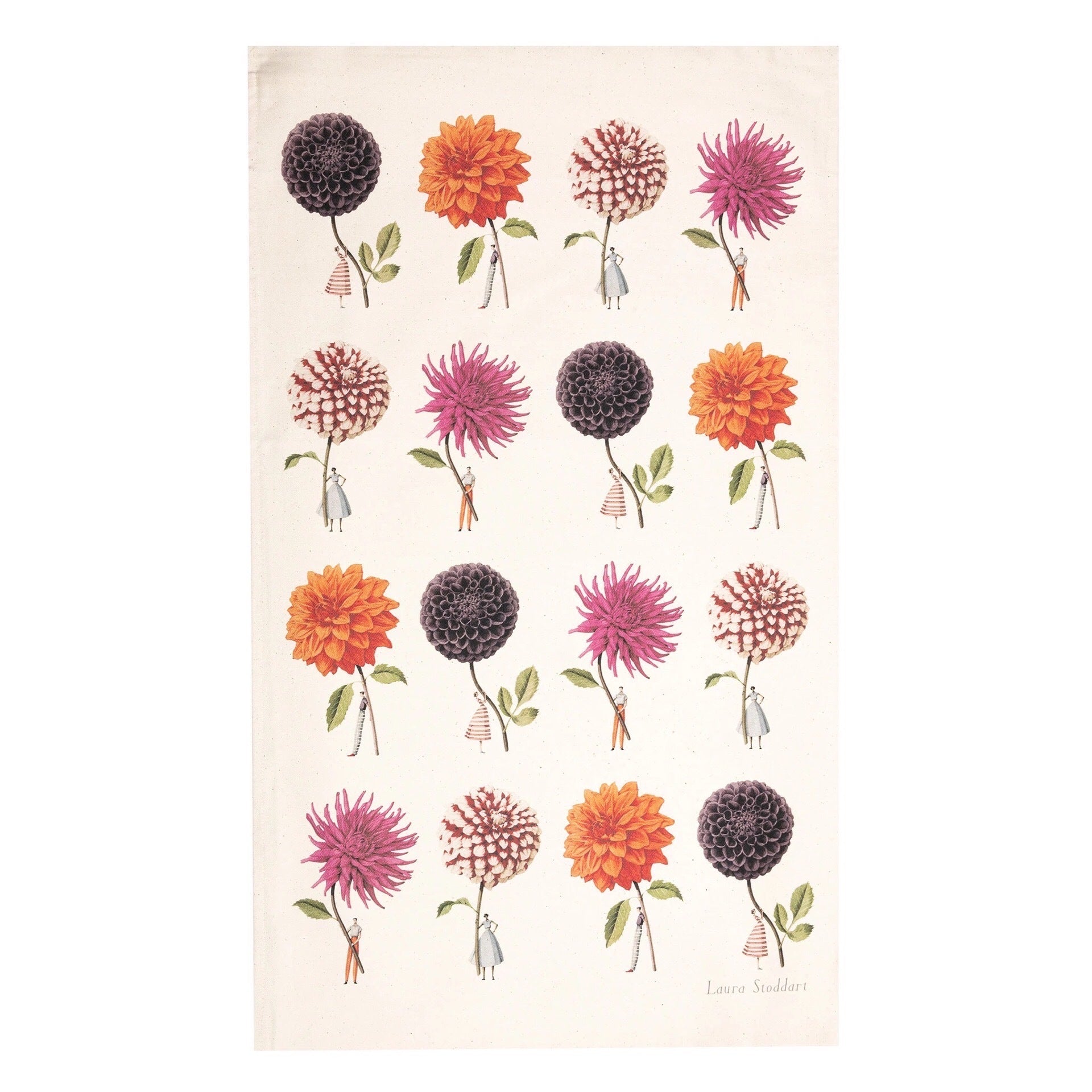 Tea towel featuring an illustration of giant purple dahlias, pink dahlias, orange dahlias and red dahlias, all being held by elegant ladies and gentlemen.