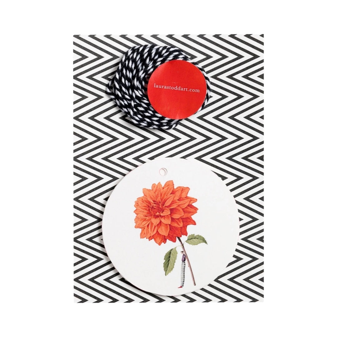 Pack of 12 illustrated Dahlia flower gift tags on a white background with black and white twine.