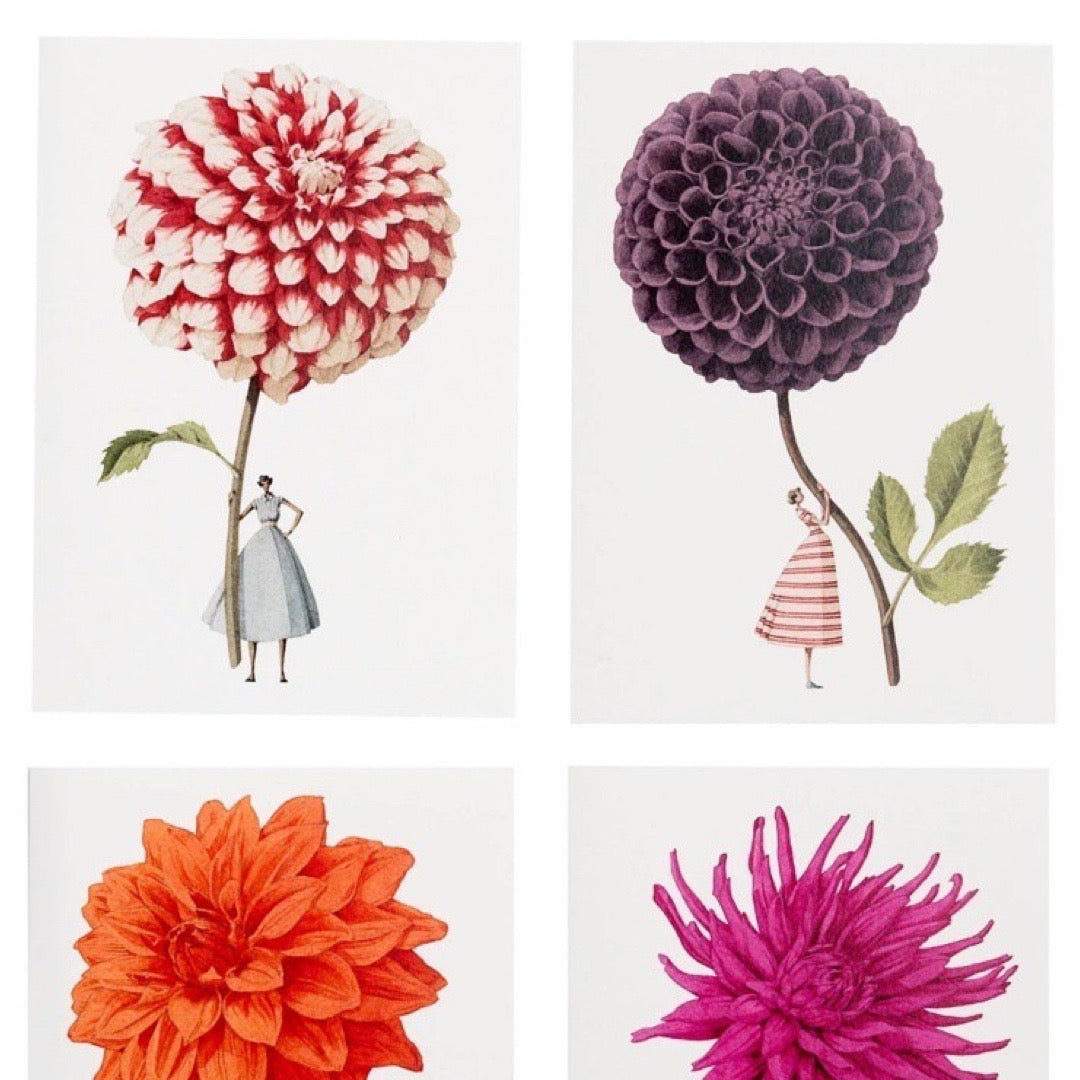 Four illustrations of women holding large flowers against a white background.