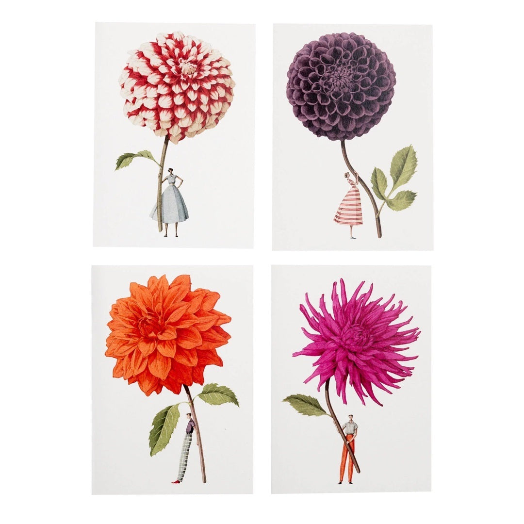 Pack of 8 dahlia flower notecards, featuring illustrations of giant purple, pink, orange and red dahlias being held by elegant ladies and gentlemen.