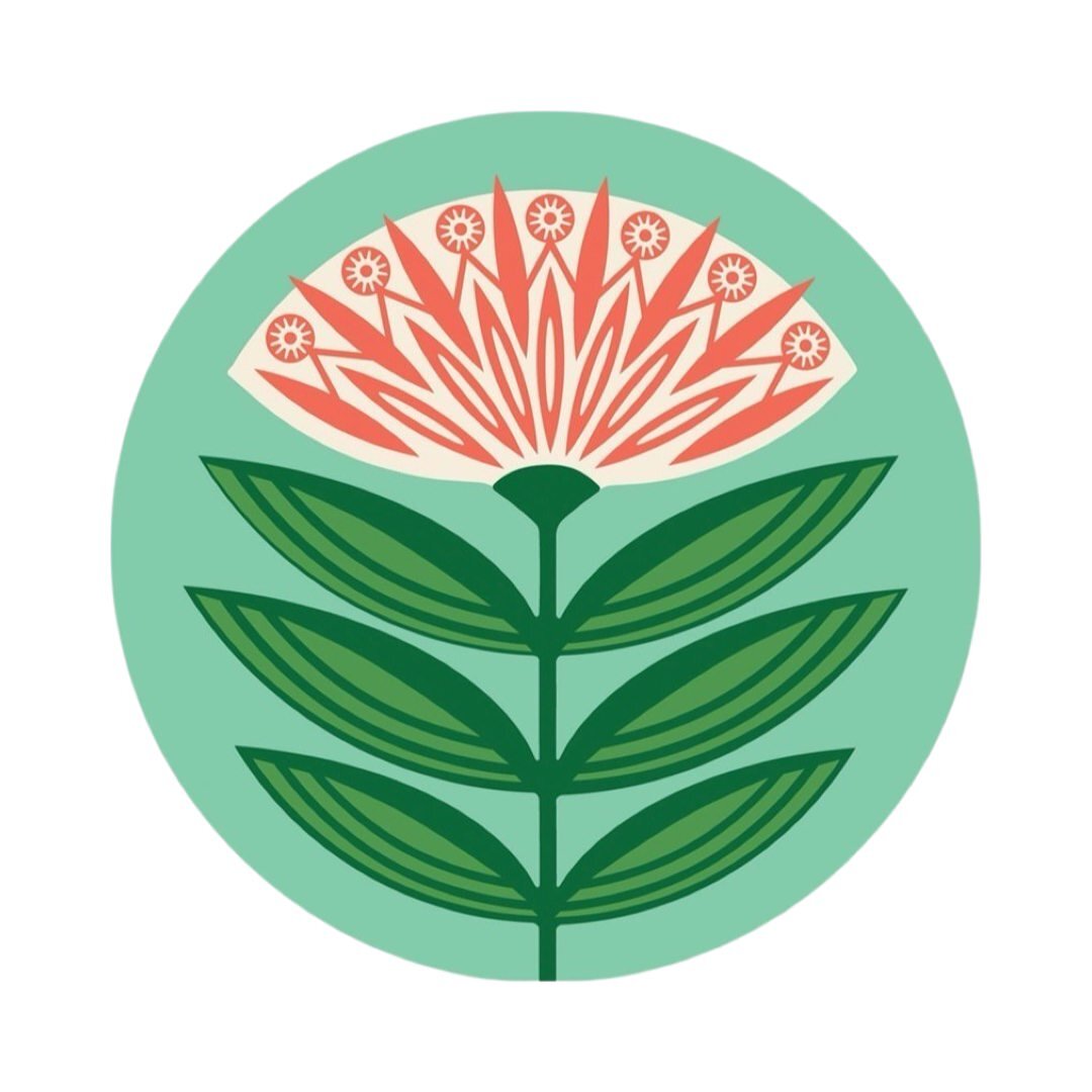 A round placemat featuring an abstract dahlia design in green and red.