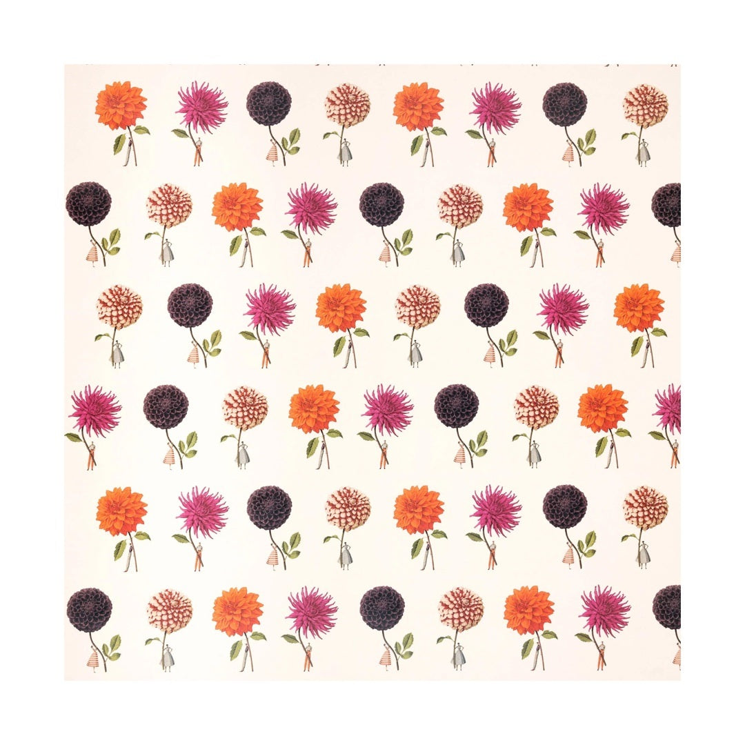 Wrapping paper featuring a repeat pattern of four dahlia colours (orange, pink, purple and red and white) on a cream background.