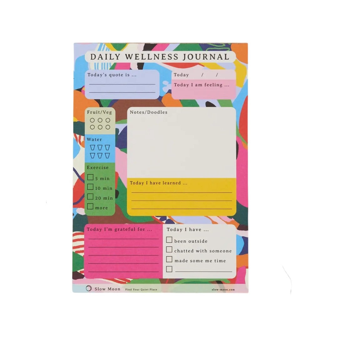 Colourful daily wellness journal with spaces to write what you've learned in the day, how much water you've drunk, what you are grateful for today and many more to help with your life balance. 