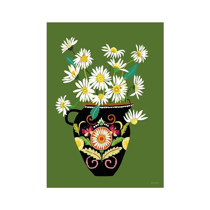 Print of a bunch of daisies in a black jug, decorated with yellow, green and orange flowers all on a green background.