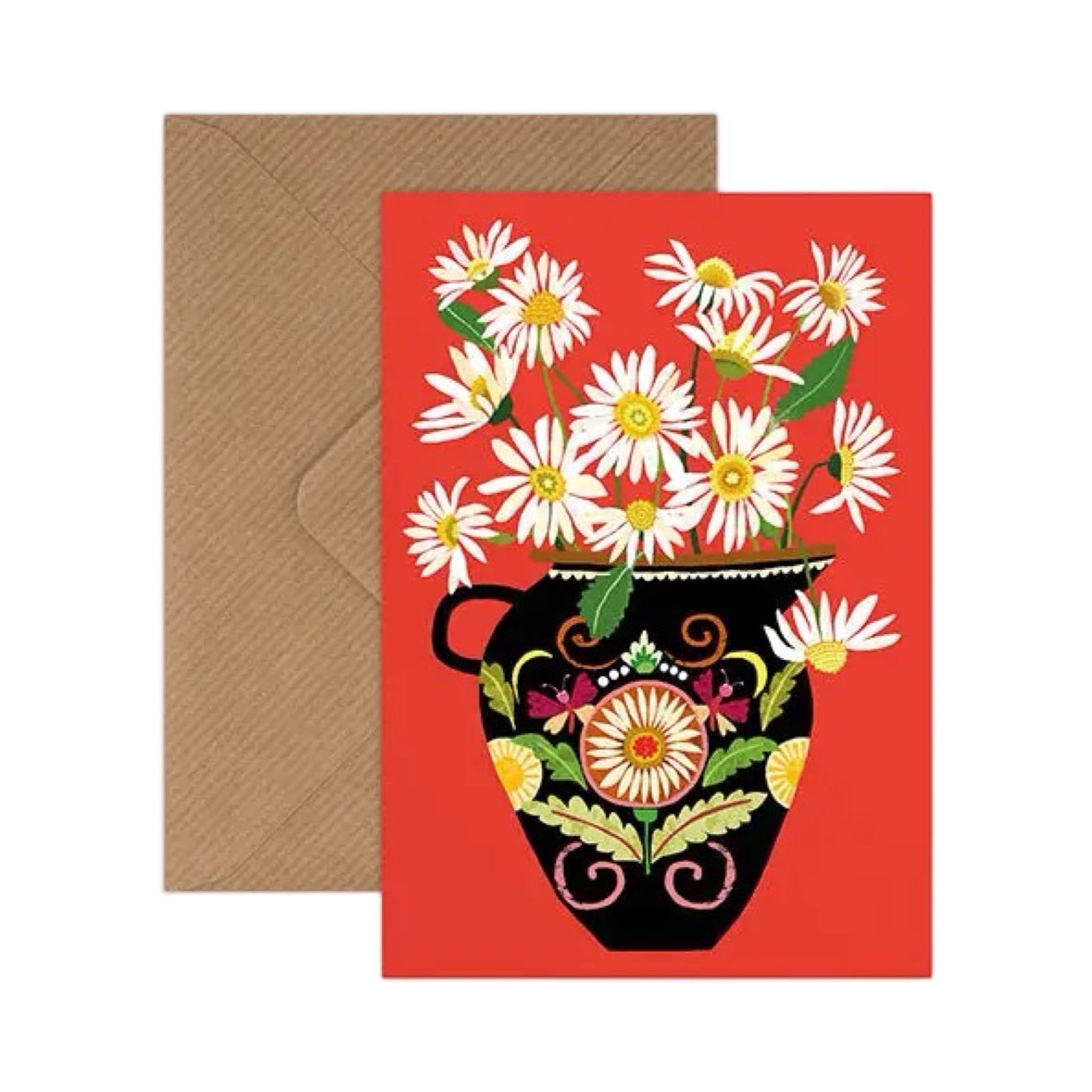 Card featuring a bunch of daisies in a black floral vase, all on a red background