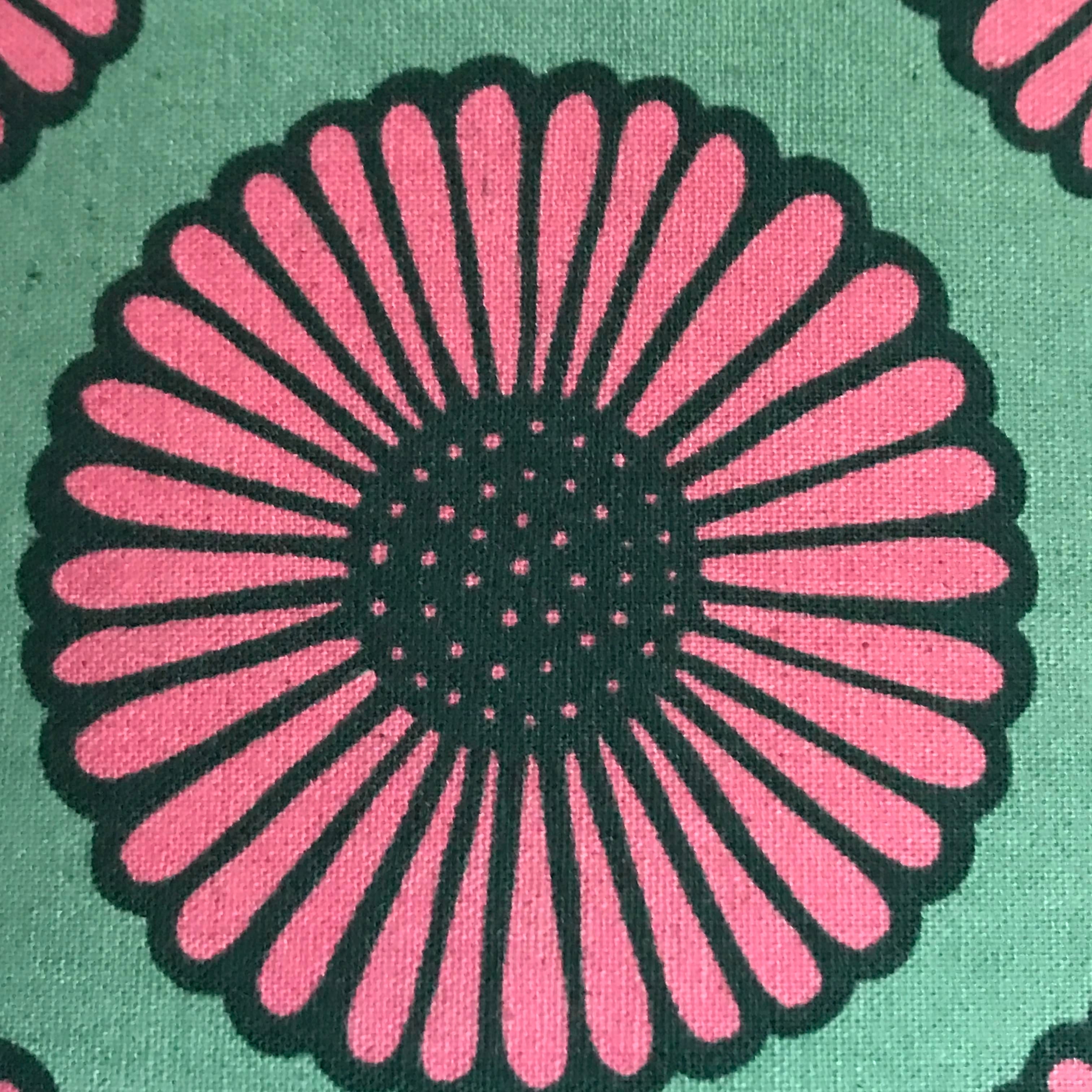 Aqua canvas fabric with pink and black daisies