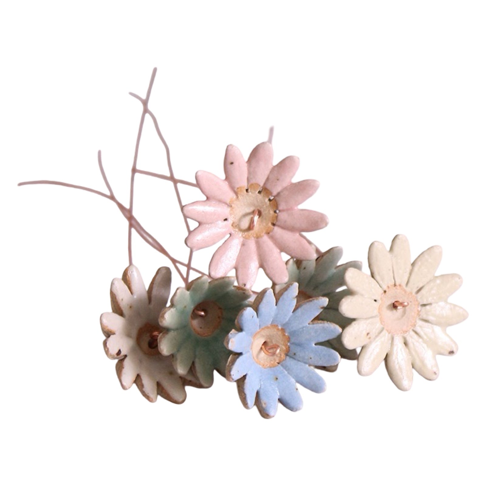 Ceramic flower bud stems handmade from British clay and painted in a pastel glaze and finished with a copper wire stem.