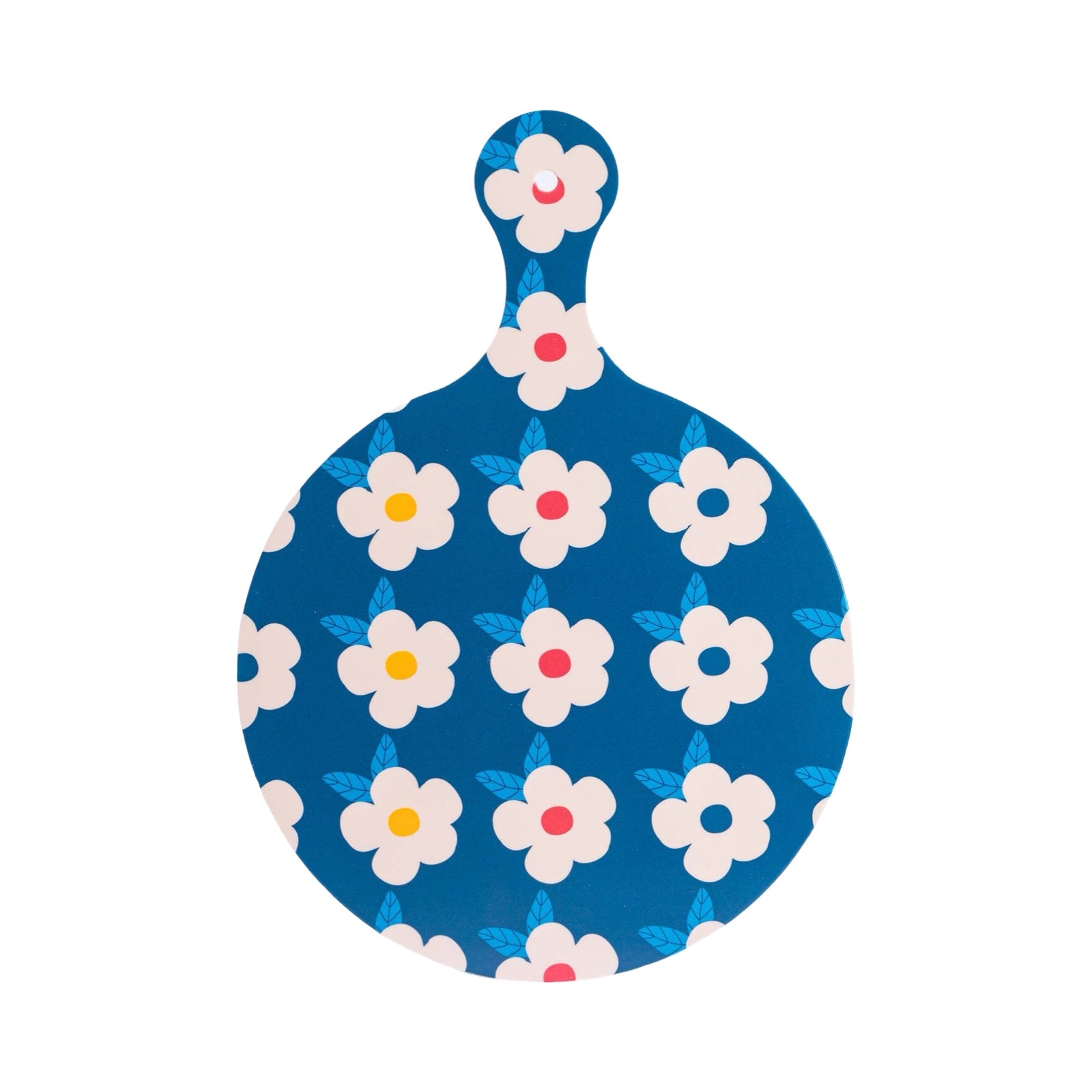 This blue melamine chopping board features a retro floral design and a handy hanging hole.