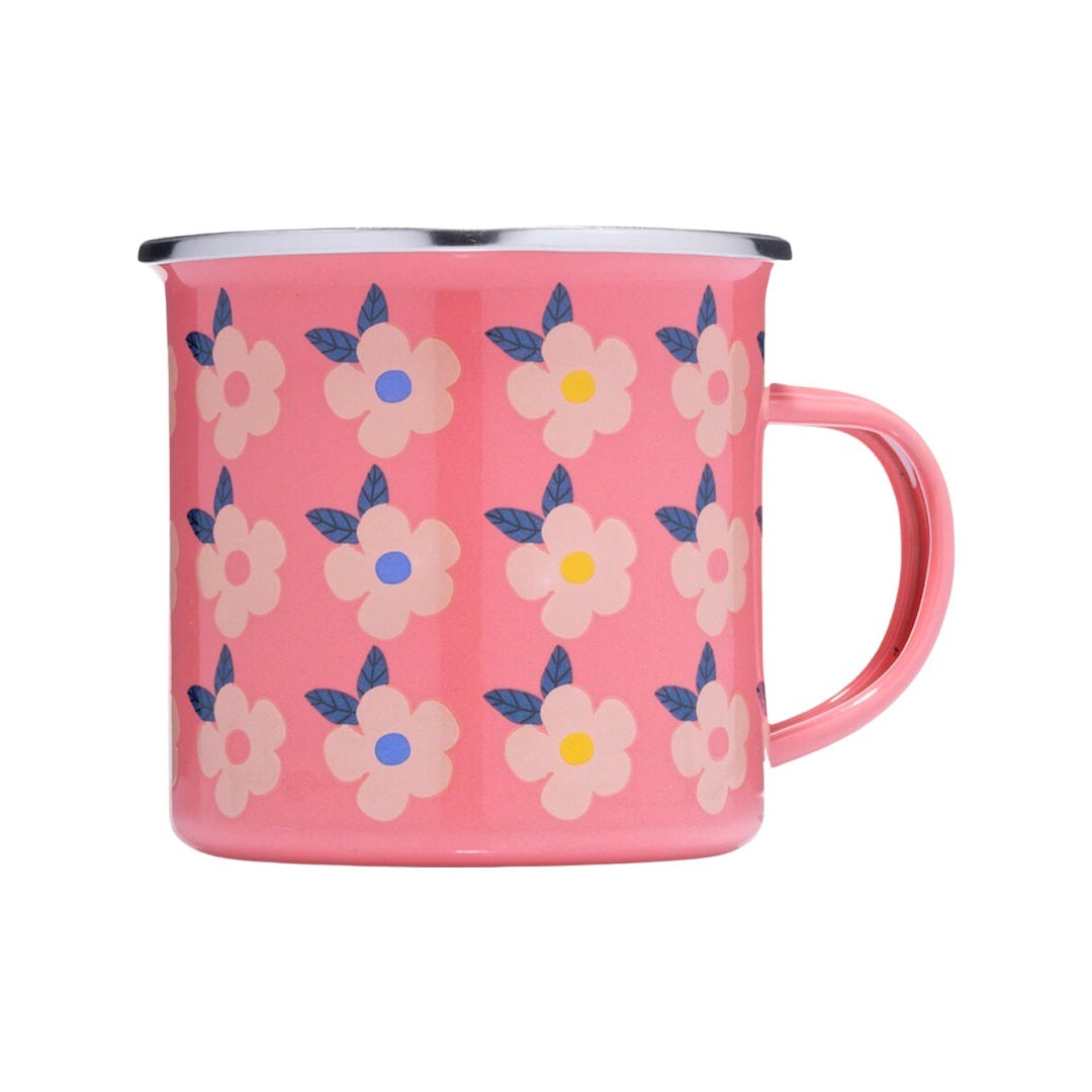 Pink enamel mug with white retro daisies.