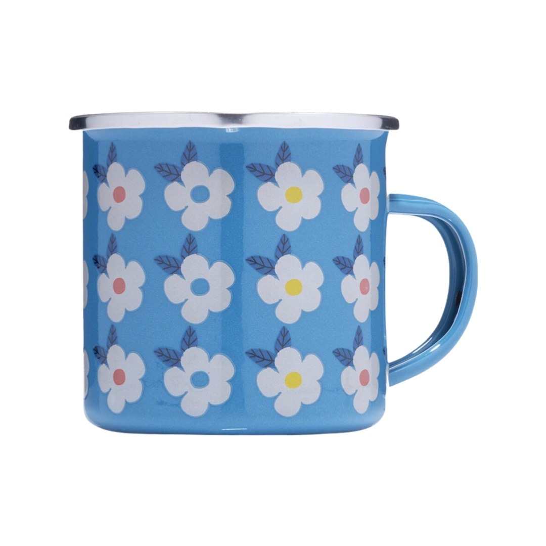 Turquoise enamel mug with white retro daisies.