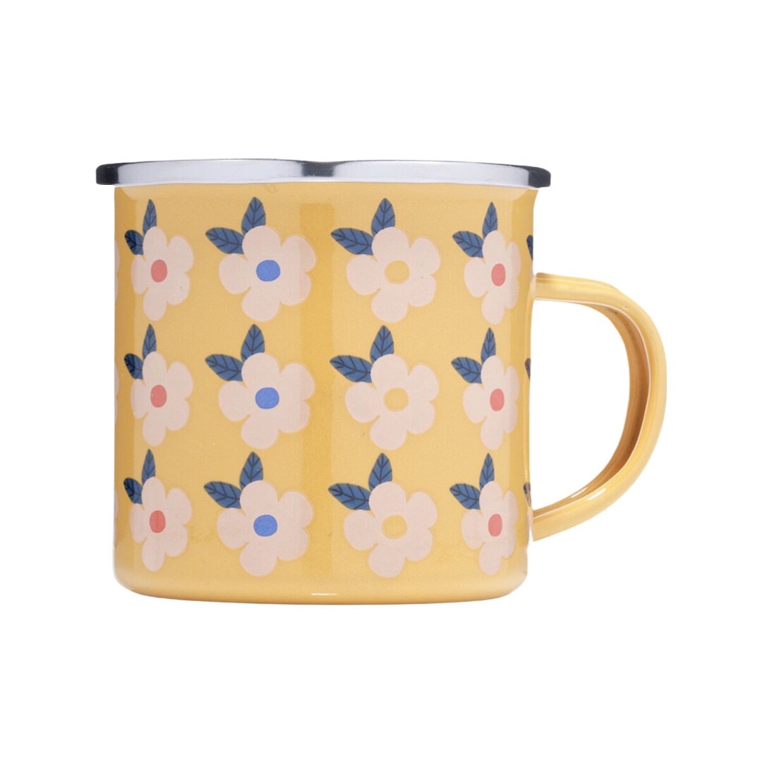 Yellow enamel mug with white retro daisies.