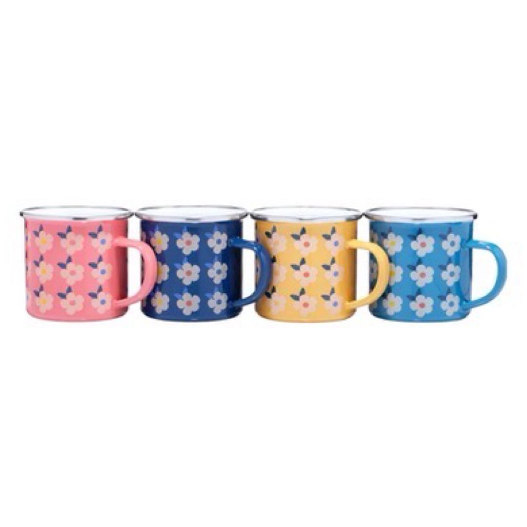 A row of pink, blue, yellow and turquoise daisy enamel mugs.