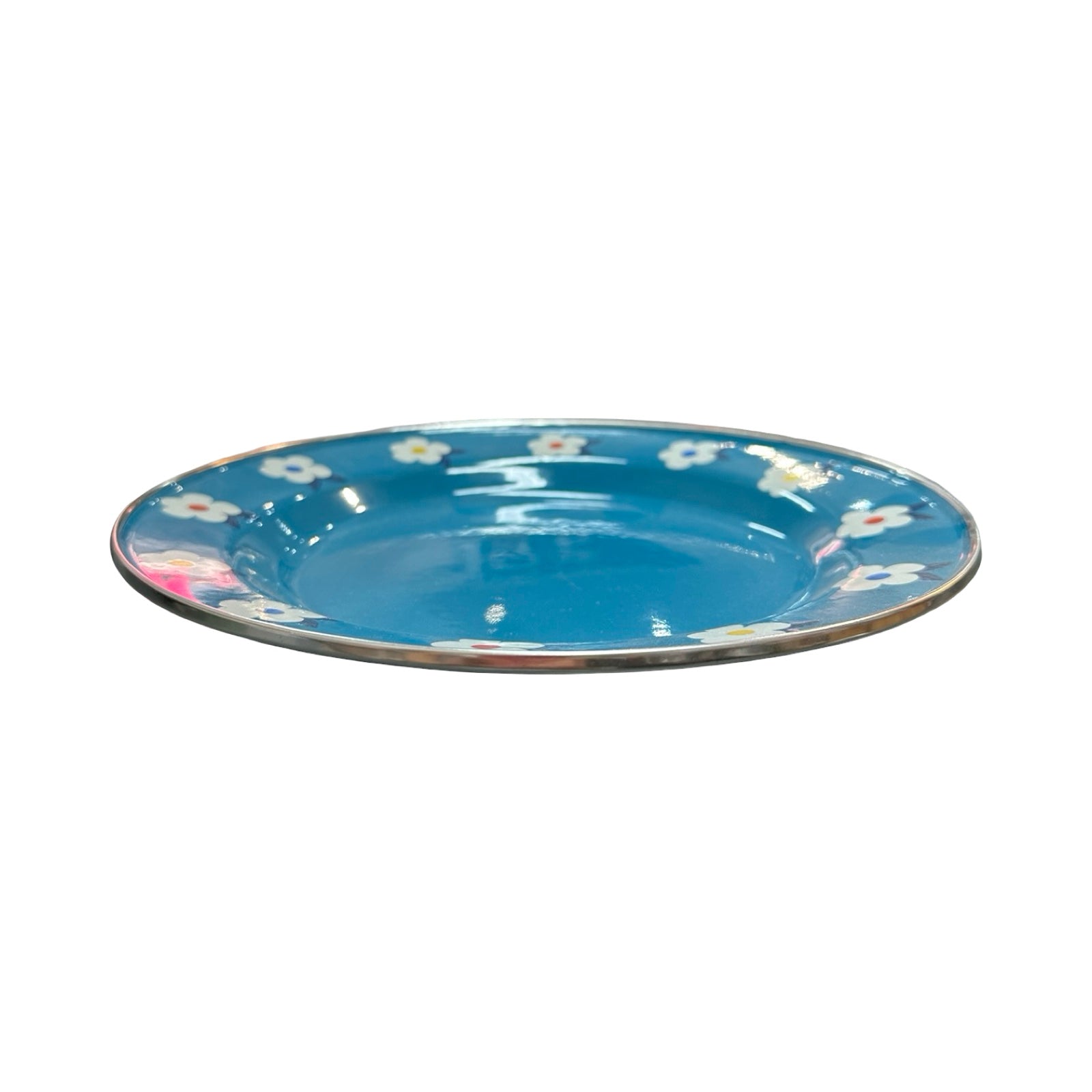 Turquoise enamel plate with white retro daisies around the border.