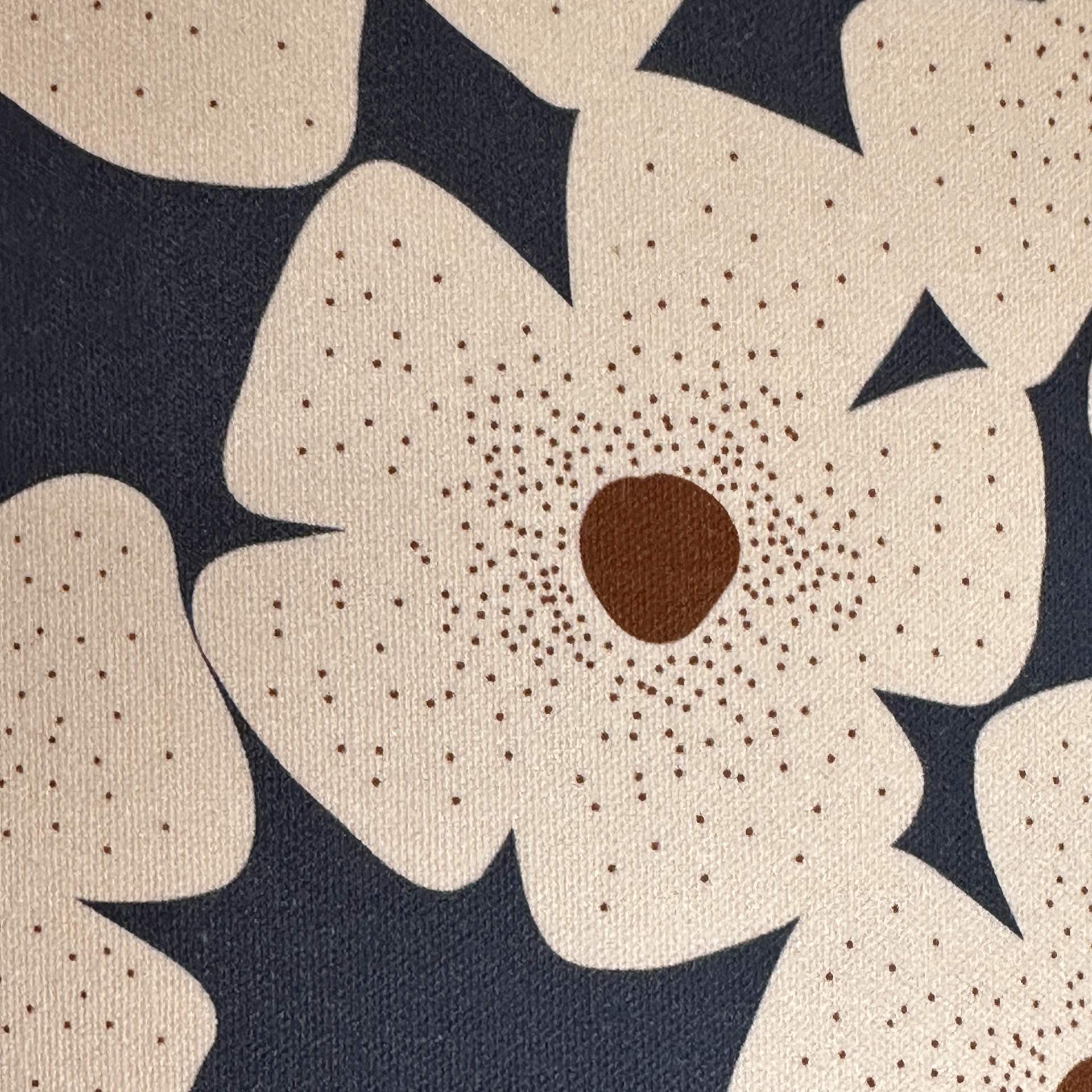 navy canvas fabric with white and mustard daisies.