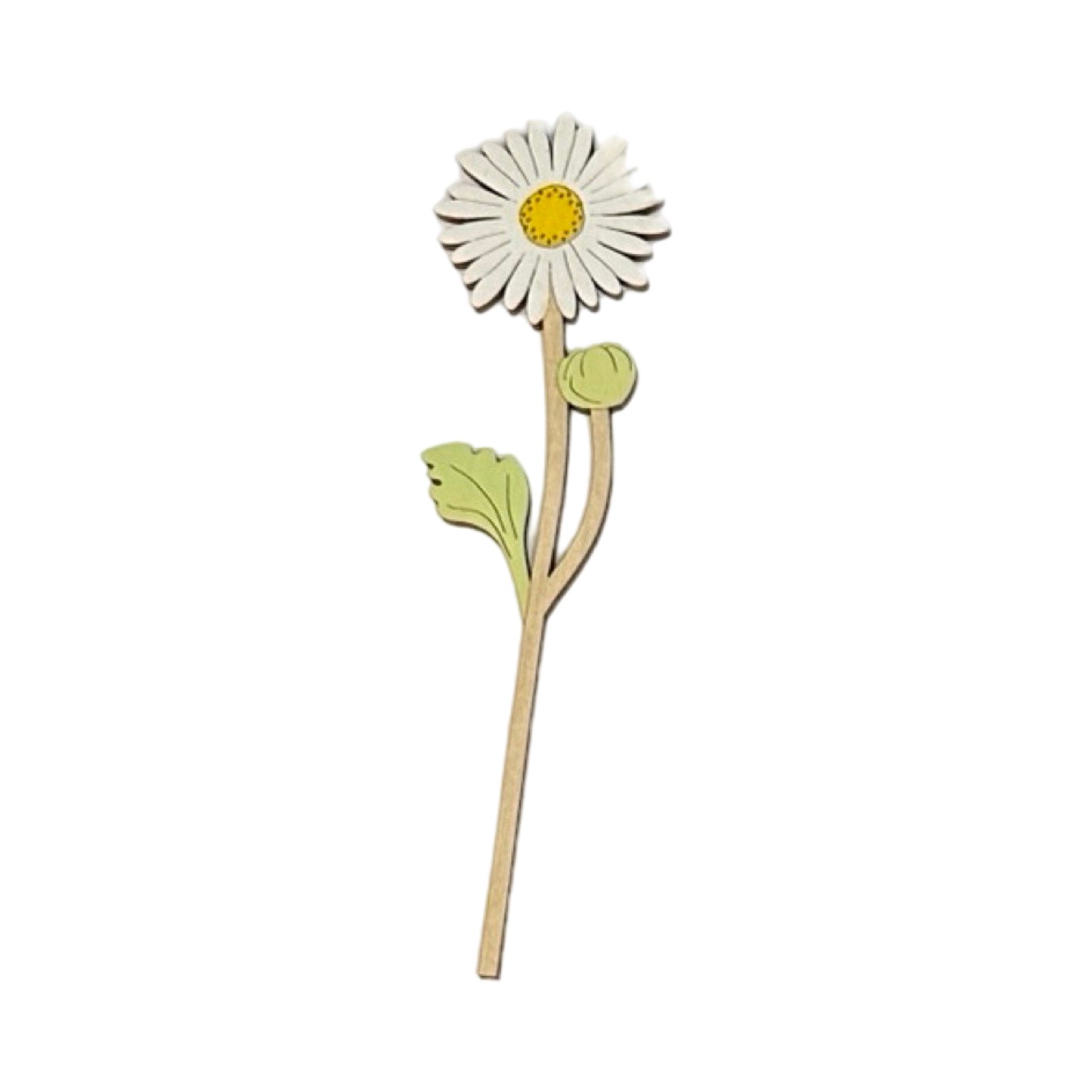 A single wooden daisy stem with a white flower and green leaves.