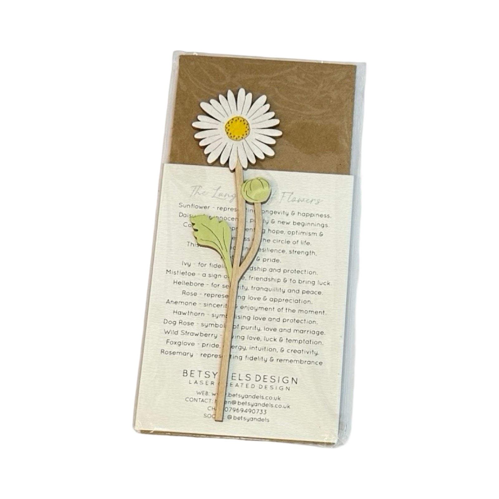 A single wooden daisy stem with a white flower and green leaves in a cellophane packet