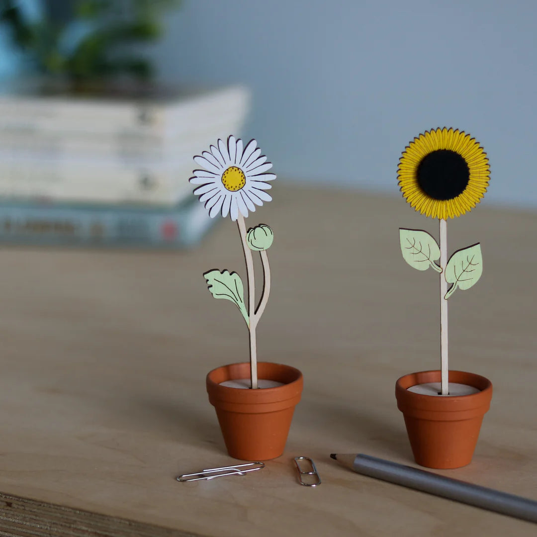 Two wooden flower decorations in terracotta pots on a wooden surface with books in the background.