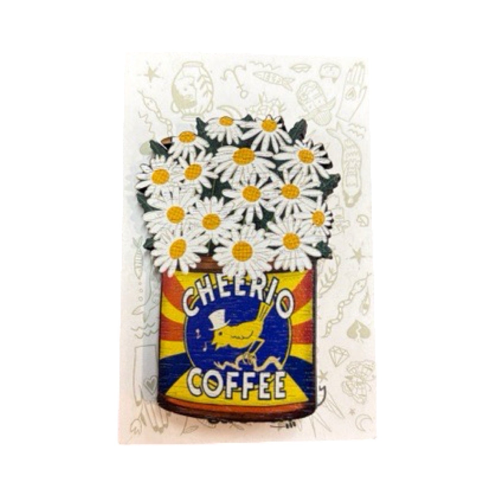 Daisy wooden brooch featuring a bunch of daisies in a retro tin of Cheerio Coffee.