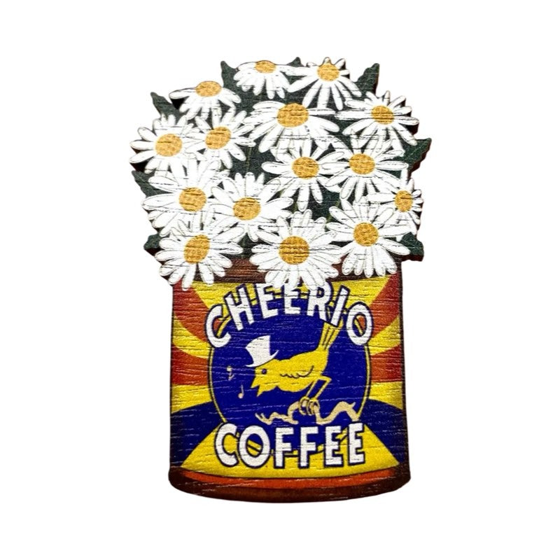 Daisy wooden brooch featuring a bunch of daisies in a retro tin of Cheerio Coffee.