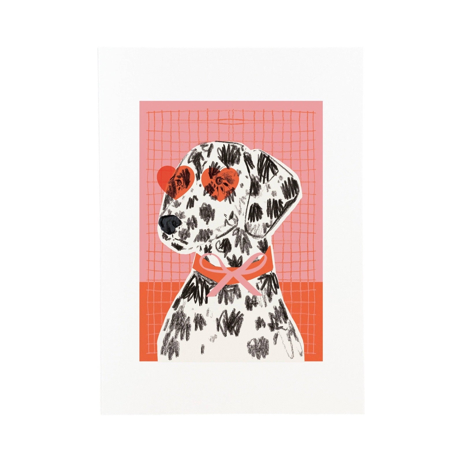 A square art print featuring a stylised Dalmatian dog illustration with black and white speckling, orange heart-shaped sunglasses, and an orange bow tie against a pink grid background, centred on a white mat and white background.