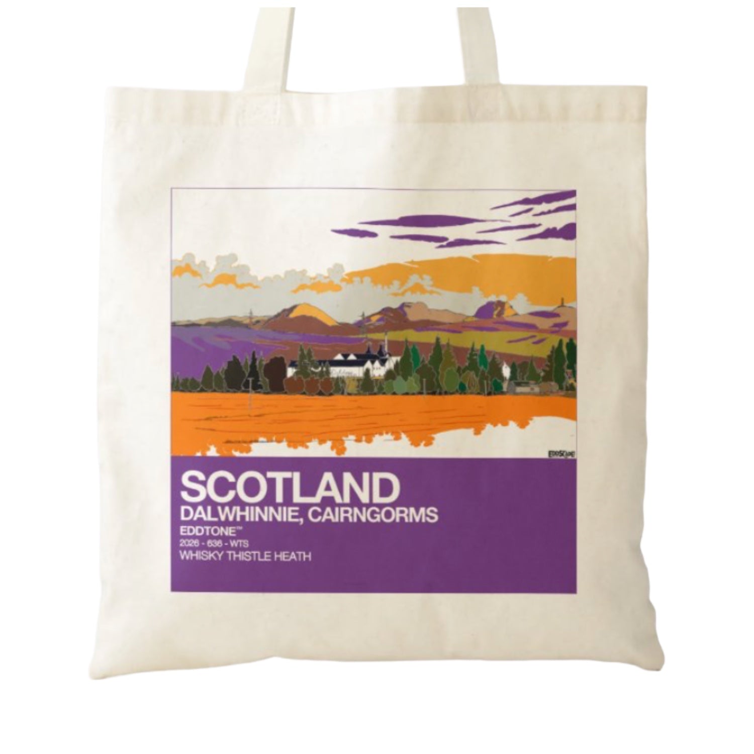 This is a tote bag with a square design featuring an illustration of Dalwhinnie village and distillery in the Cairngorms, Scotland