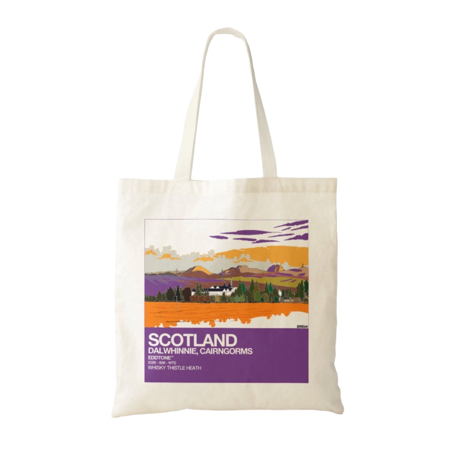 This is a tote bag with a square design featuring an illustration of Dalwhinnie village and distillery in the Cairngorms, Scotland