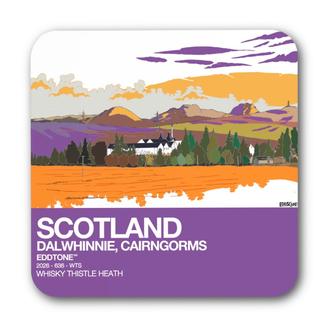 Coaster featuring an illustration of Dalwhinnie village in the Cairngorms, Scotland
