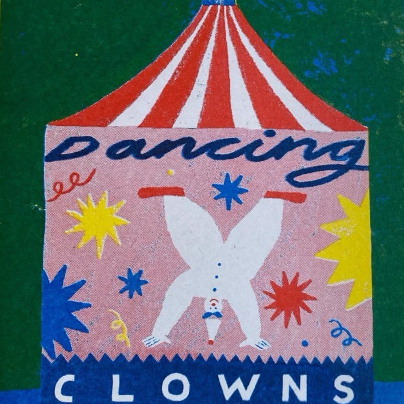 This three-colour risograph print features a clown doing a handstand inside a circus tent, with fireworks going off above.