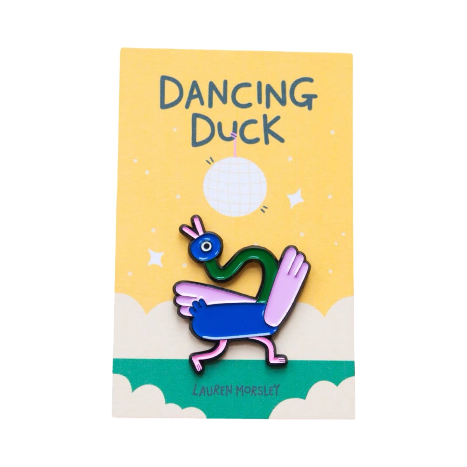 This enamel pin badge features a duck with a long bendy neck, dancing.