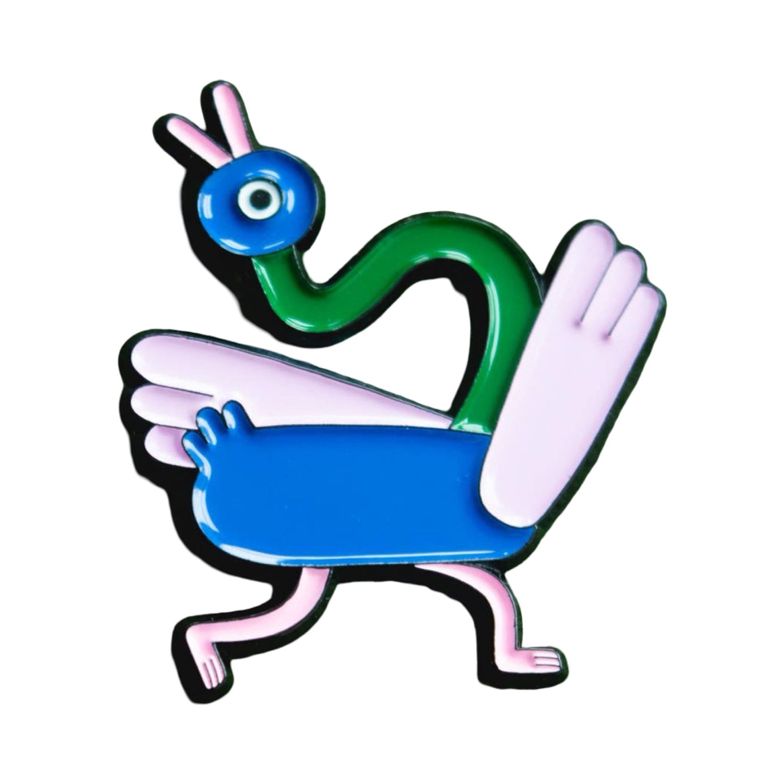 This enamel pin badge features a duck with a long bendy neck, dancing.