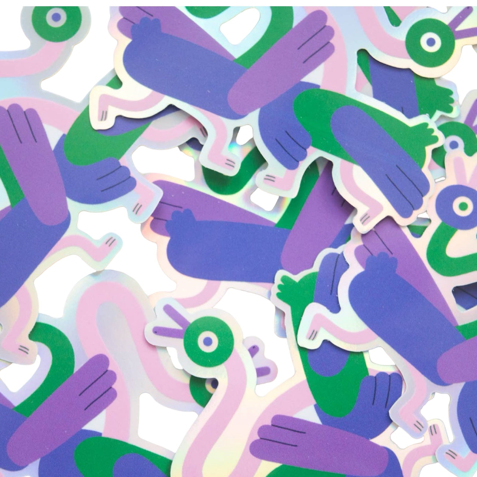 This holographic sticker features two dancing ducks with long bendy necks. 