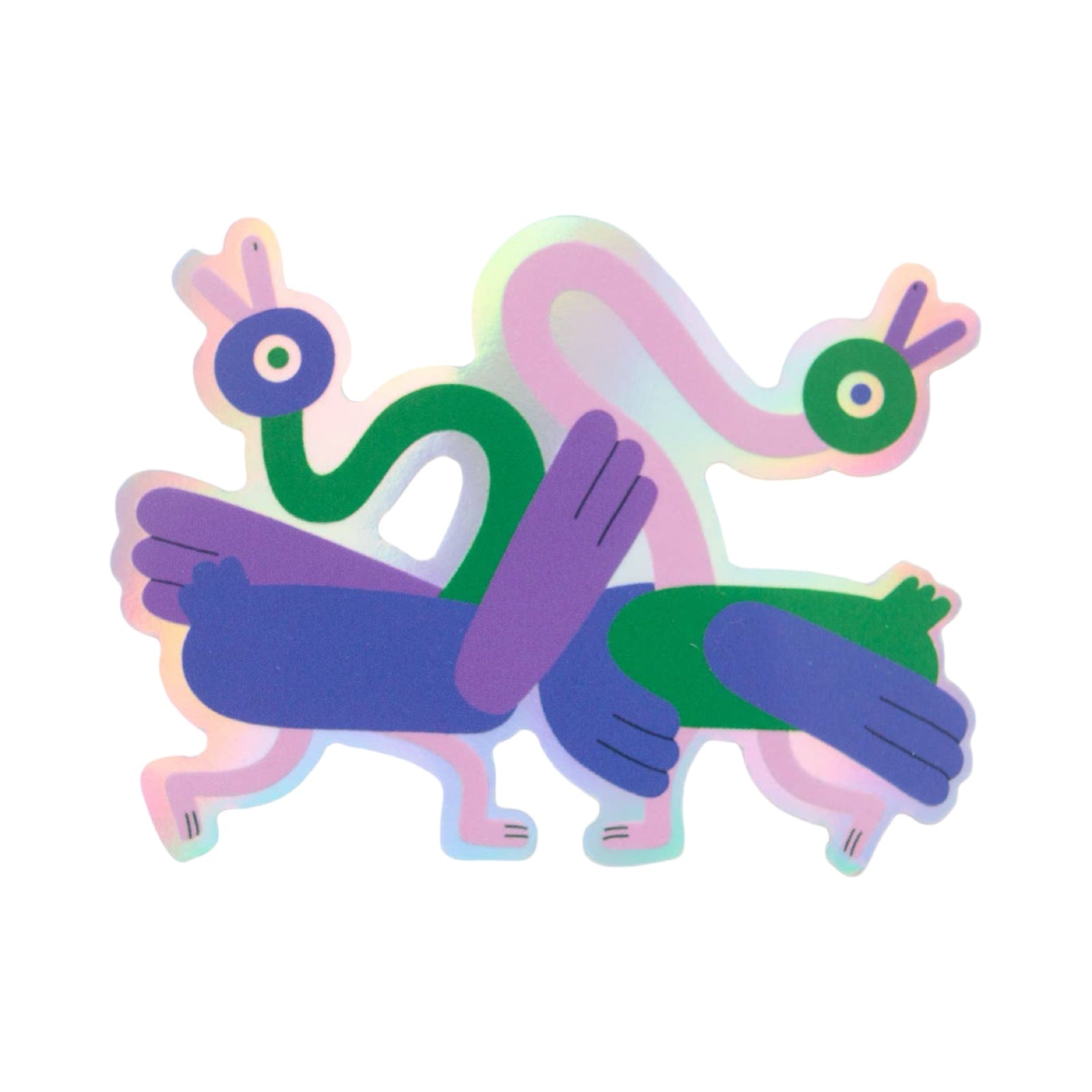 This holographic sticker features two dancing ducks with long bendy necks. 