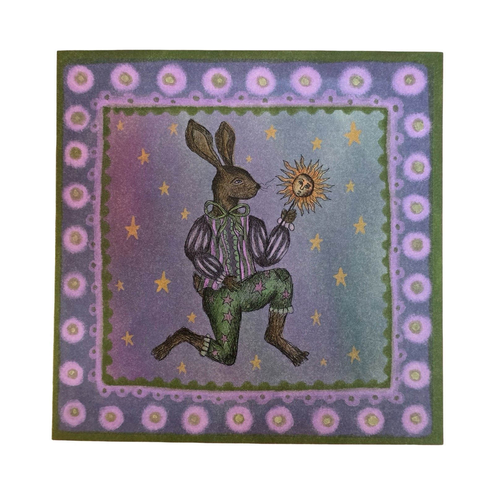 Decorative card with a rabbit holding a sun, surrounded by floral border on a white background.