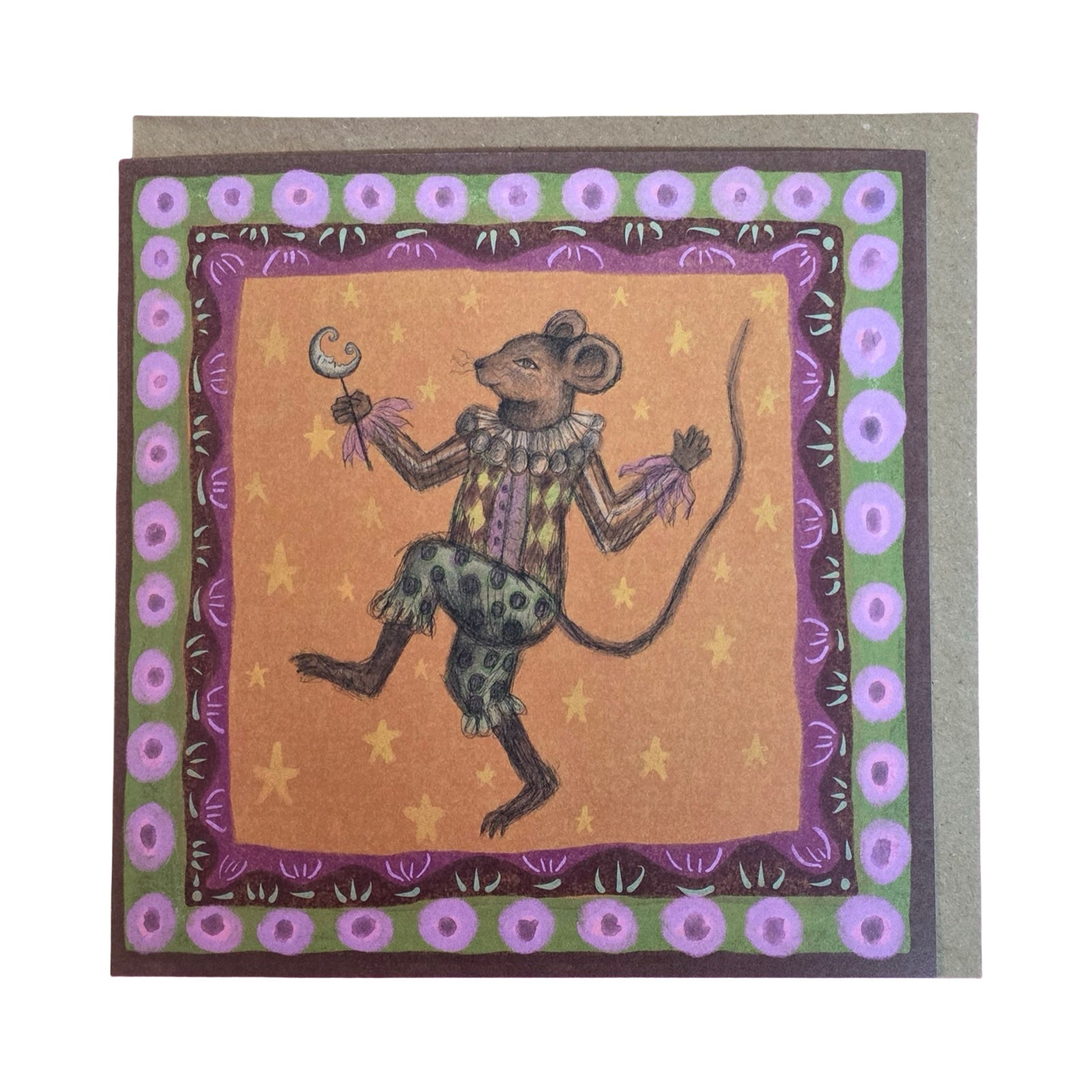 Decorative card with a mouse illustration holding a wand, surrounded by floral patterns.