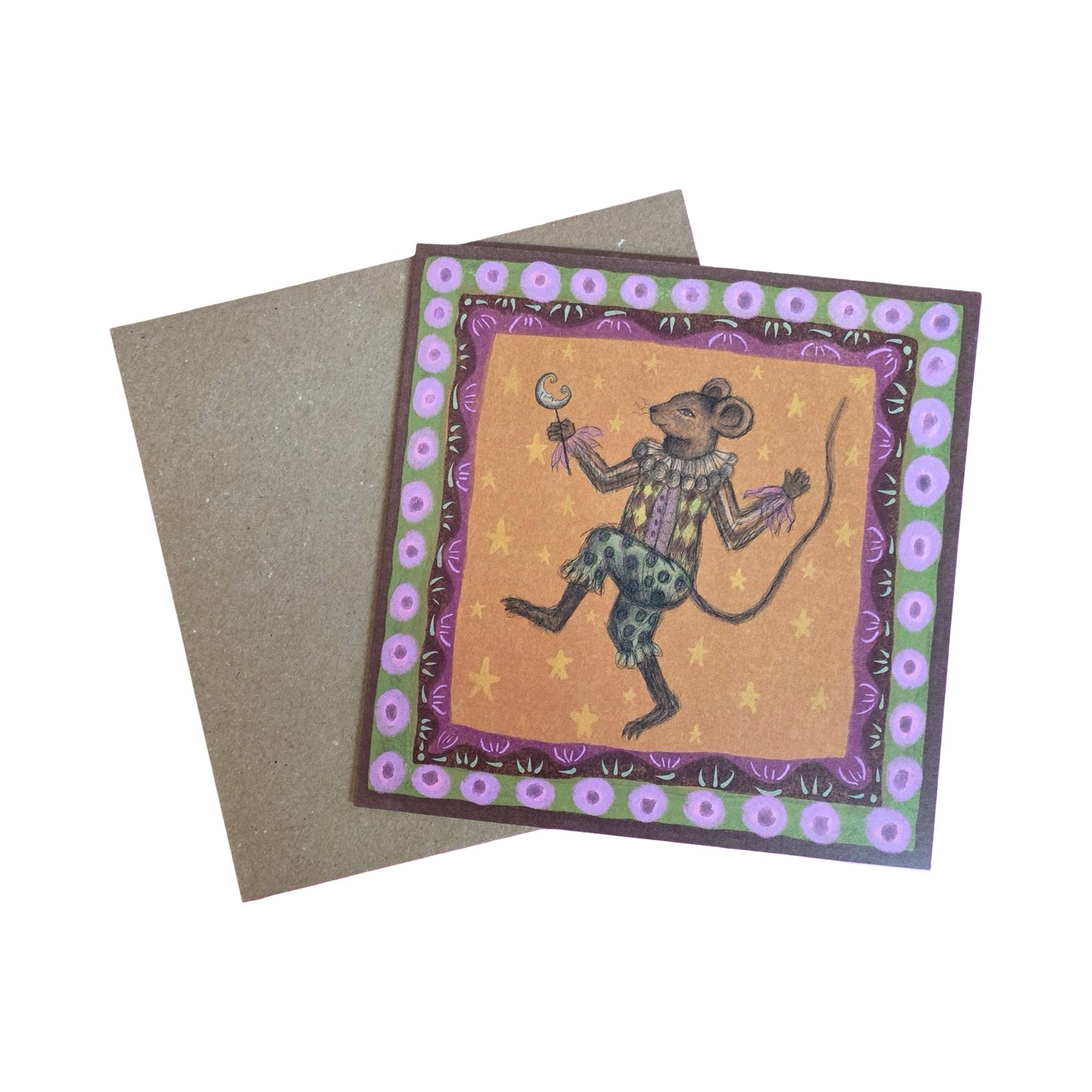 Greeting card with a decorative border featuring a stylized mouse illustration on a white background.