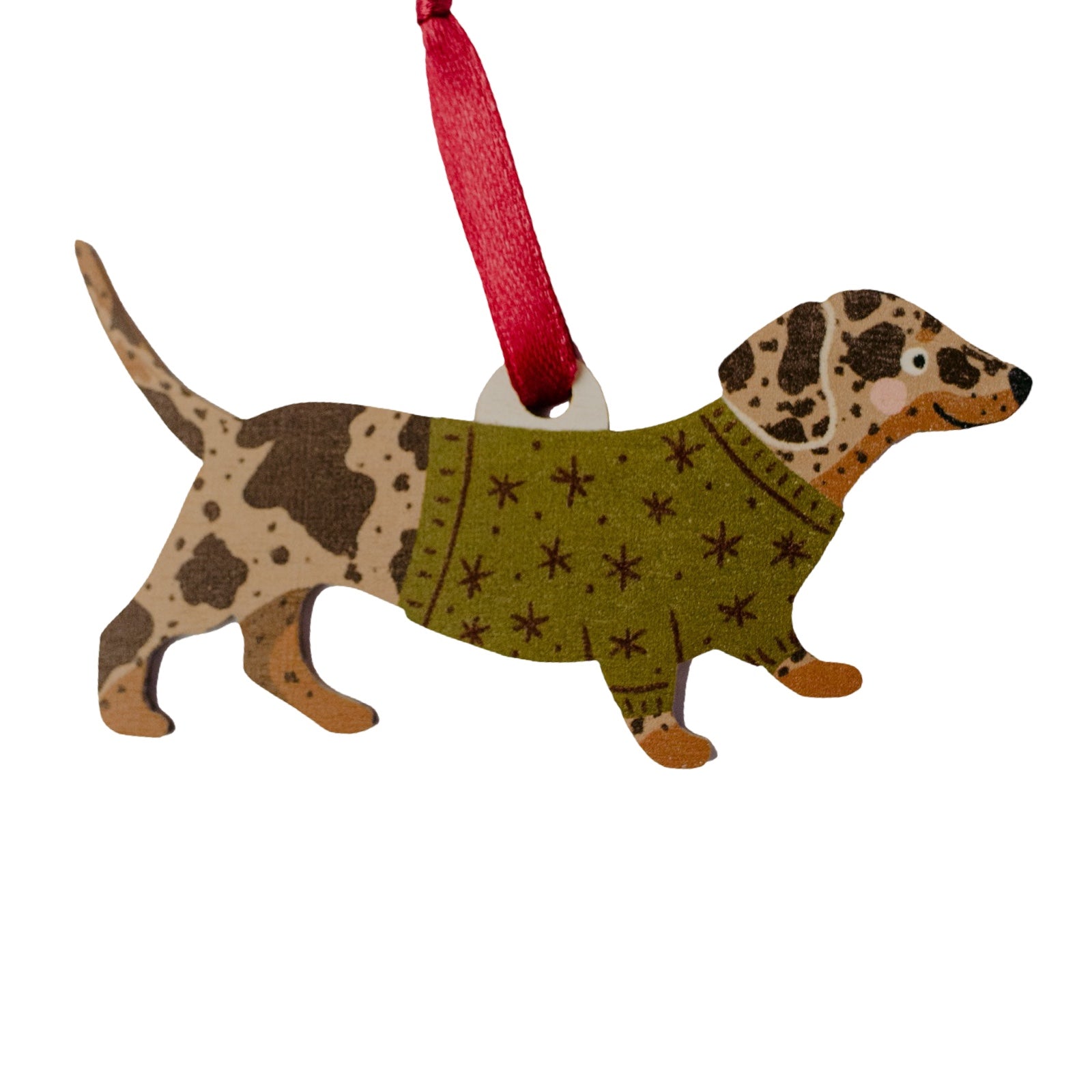 Decorative ornament of a dachshund wearing a green sweater with star patterns on a white background.
