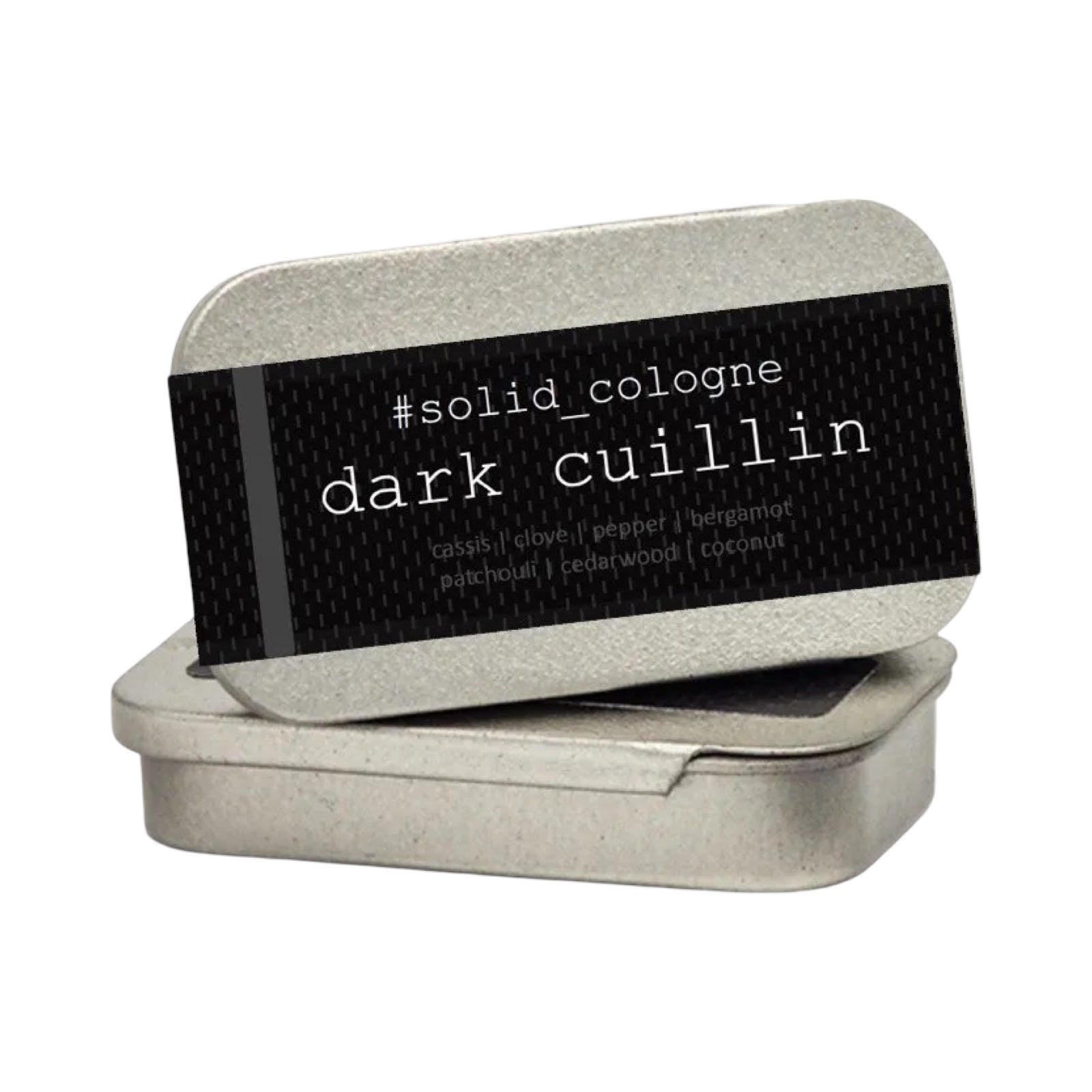 Dark Cuillin Solid Cologne, a&nbsp;spicy opening with bergamot, ginger, pepper, clove, cassis, plum and coconut leading to a heart of jasmin and violet on a rich base of, sandalwood, cedarwood, amber, musk, tonka and vanilla, all in this little tin.